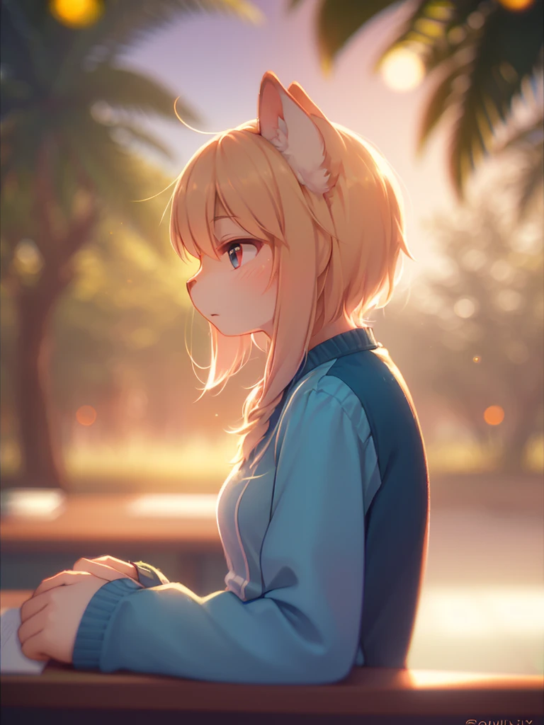 (Sumilux f1.4 50mm , low Latitude old color negative film , cross process , bokeh, flare, chromatic aberration , soft focus, (Shallow focus) , soft glow , Maximum aperture, High Key , Transparent depiction) , side view , A female student rests her upper body on a desk