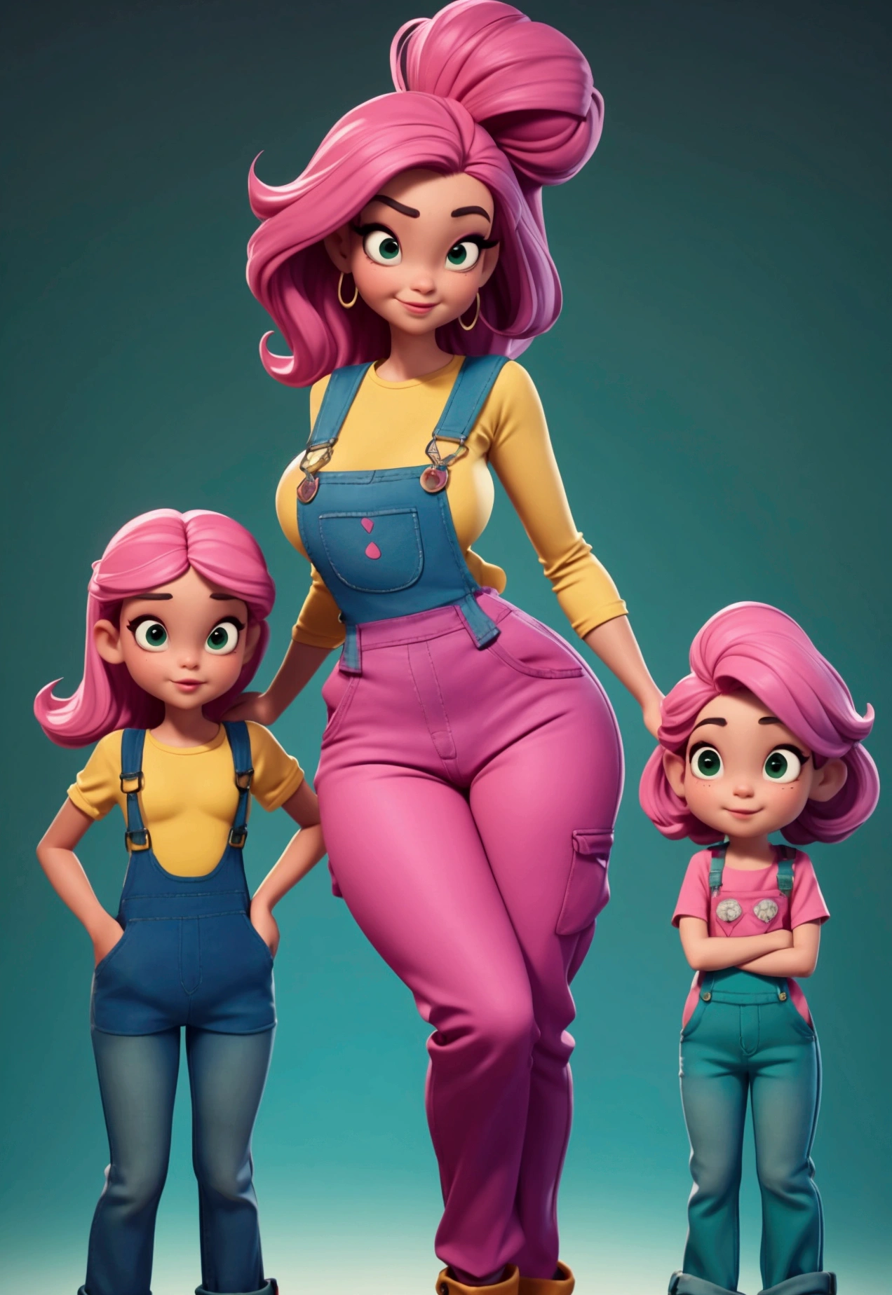 sexy teacher lady, 40 years some wrinkles, latina, Skinny body, big legs, small waist, culona, hourglass body, hourglass curves, jumpsuit very tight to the figure of your body, bright blue, colorful t-shirt (under the overalls) complements the design, big overall pockets (green and pink), children's designs in pockets, designs of children's characters in overalls