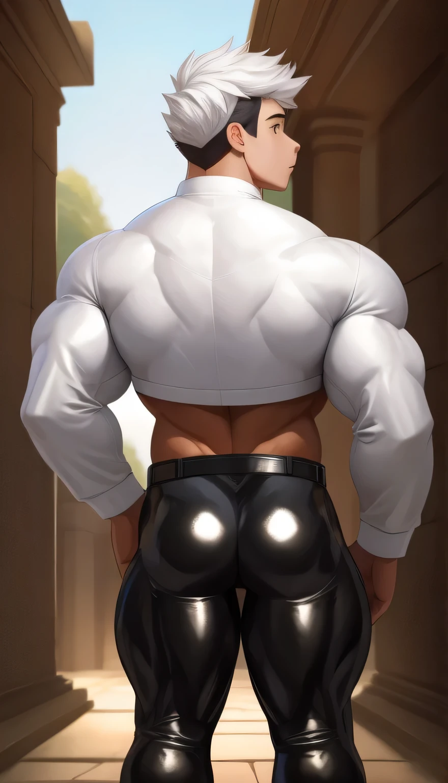 (((Back))) A teen (Young face) 15 year old teenager (15 years old) very attractive boy, standing, full body. Mexican ethnicity. tanned skin, silver white hair, short hair bangs that fall on both sides of his youthful face. (((WHITE HAIR))) Carefree expression, young man, alone, marked muscles, beautiful musculature, aesthetic stretch marks, inspiring physique, slender muscles, square pecs, beautiful V-cone, excellent abs and torso, chiseled abs, pectorals chiseled, perfect massive muscles, inflated muscles, voluminous pectorals, massive muscular body, a huge gigantic chest with a narrow waist, huge shoulders, ridiculously well-shaped large pecs, eight chiseled abs, (very toned and huge) with his military haircut and voluminous neck, narrow waist, golden eyes, young face, beautiful, young. Teen muscular young bodybuilder with extraordinary and firm back, chiseled muscles, rhomboid muscles, latissimus dorsi. Gigachad. He wears a red leather jacket (WHITE JACKET) that reaches the height of his ribs and is open. (Bare torso) and tight black latex pants, he does not use a belt. He is shirtless under his white jacket, which highlights his prominent abs and pectorals, square pecs. He doesn't wear a belt. His muscles stand out. Ruins of temple background (RUINS TEMPLE). Standing, full body. (((Back))) huge, firm and muscular thighs, round buttocks and round butt with back, huge ass ((firm buttocks)) with big butt. (((black latex pants))) (((Exposed muscular torso, square pectorals. Open white jacket.)))