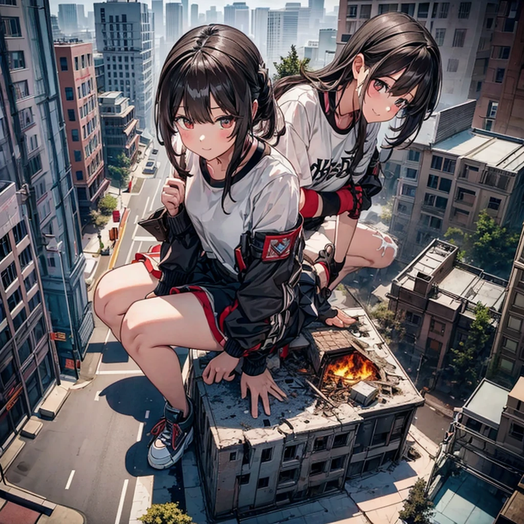 Top view　Burning and destroyed city　ruins　Rubble pile　Giant Girl　Black Hair　skirt　sneakers　beautiful girl　Metropolis　