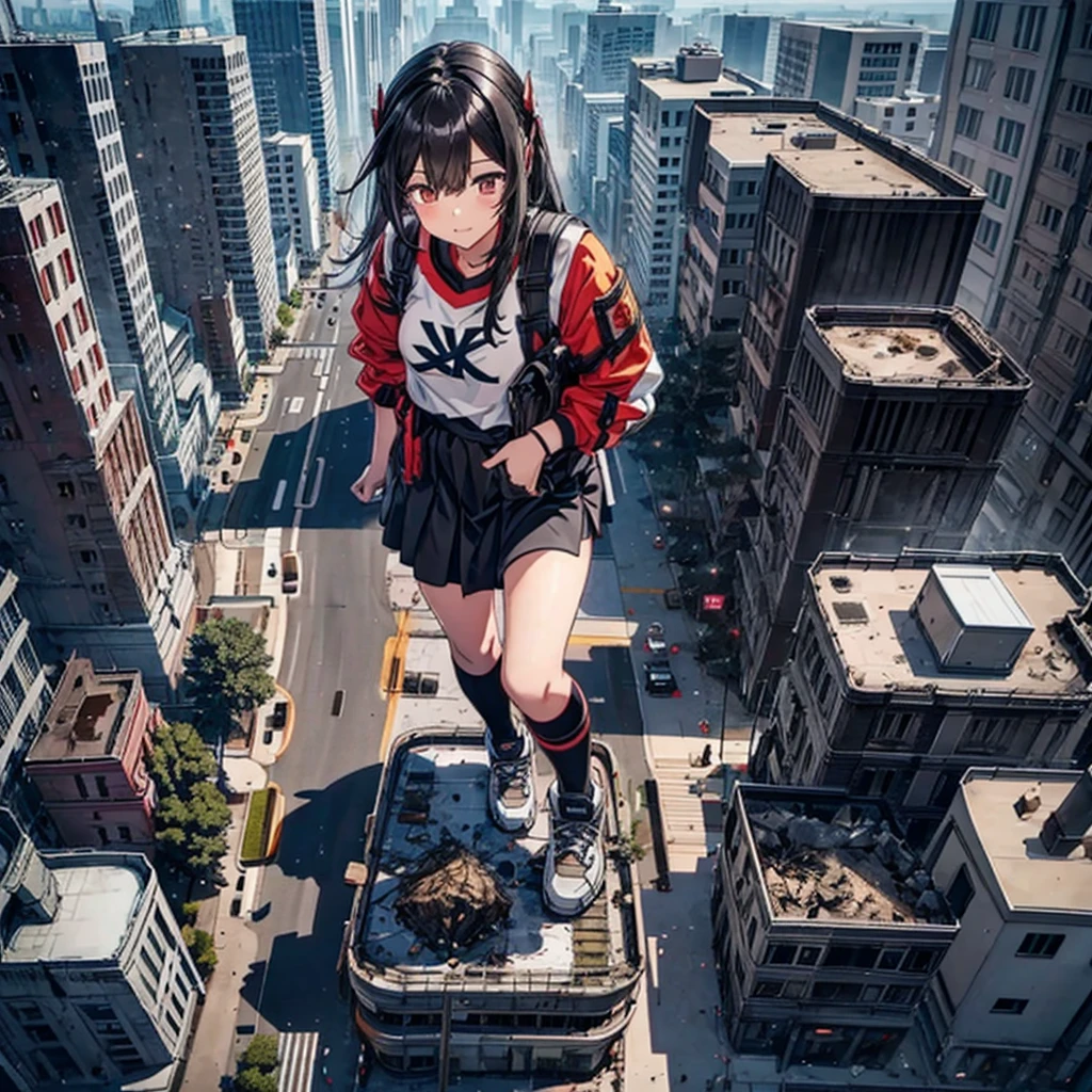 Top view Burning and destroyed city ruins Rubble pile Giant Girl Black Hair skirt sneakers beautiful girl Metropolis