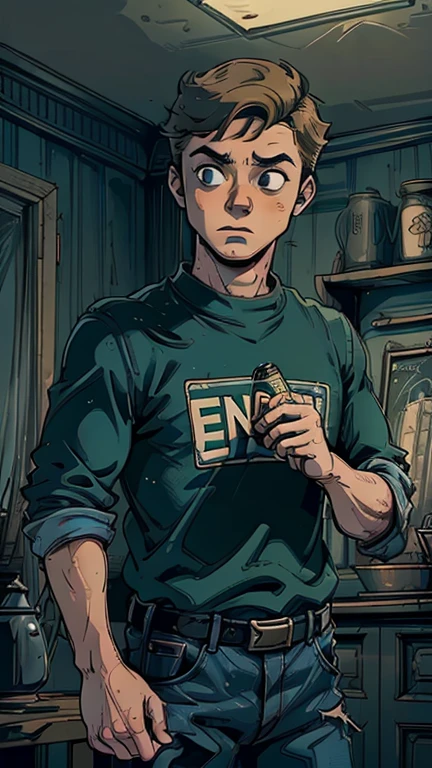 (European: Teens: Tintin: 1male,peter parker,black eyes), (extremely detailed CG unit 8k wallpaper),(master part), (best quality), (ultra detail), (best illustration), (cinematic lighting), cowboy shot, (Sharp eyeliner, detailed eyes:1), indoors background, ,break , (reelunsettling), ,short hair , black hair,plain black t-shirt, dark blue denim jeans