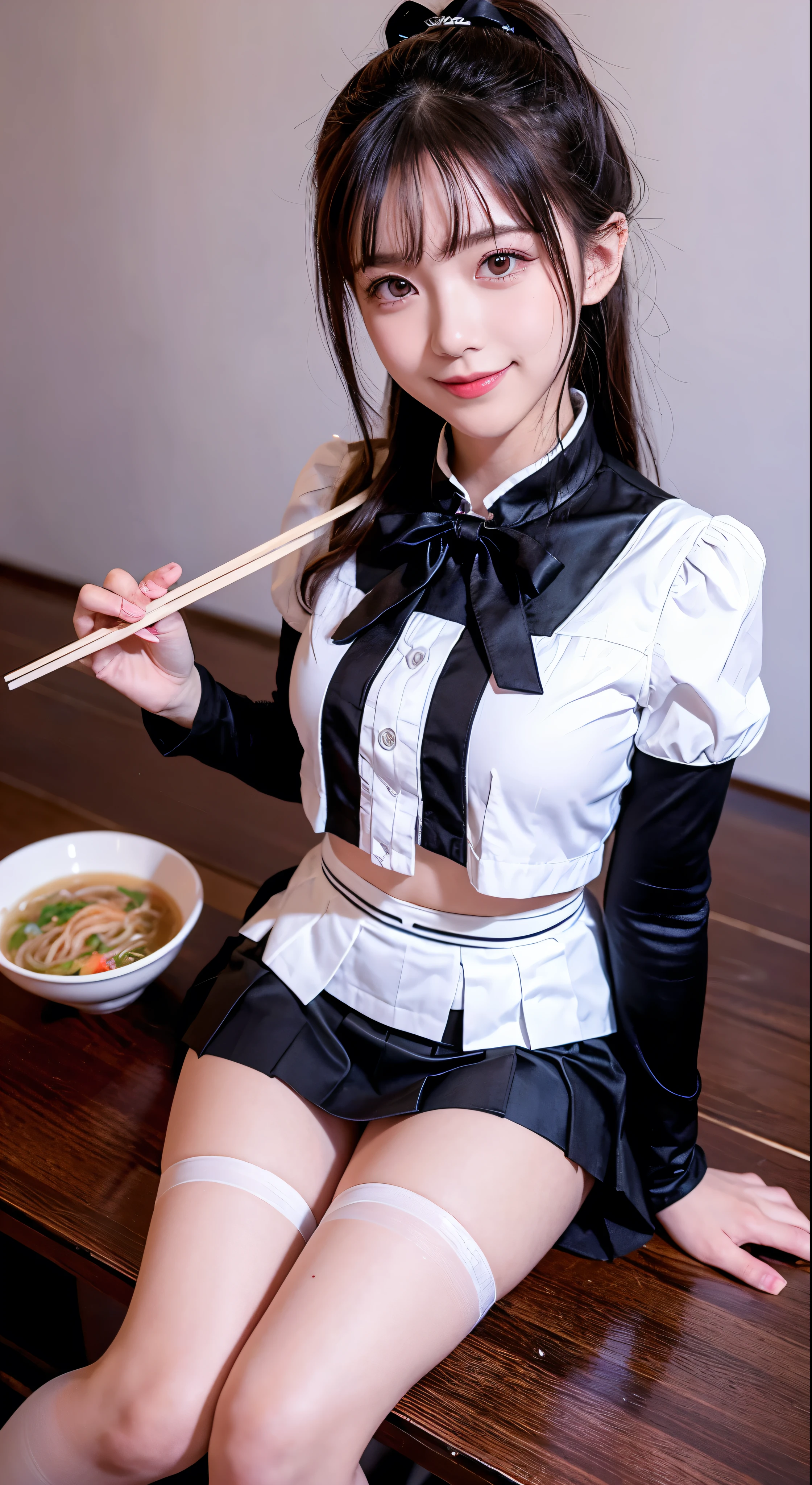masterpiece, top quality, bewitching pose, full body wide angle, smile, (sitting:1.1) ,ichiraku ramen, (eating ramen noodles:1.0), holding chopsticks and ramen bowl, slurp one's noodles,, silence suzuka (umamusume), black gloves, white skirt, pleated skirt, black pantyhose, layered sleeves, puffy short sleeves, short over long sleeves, black bow, festival,