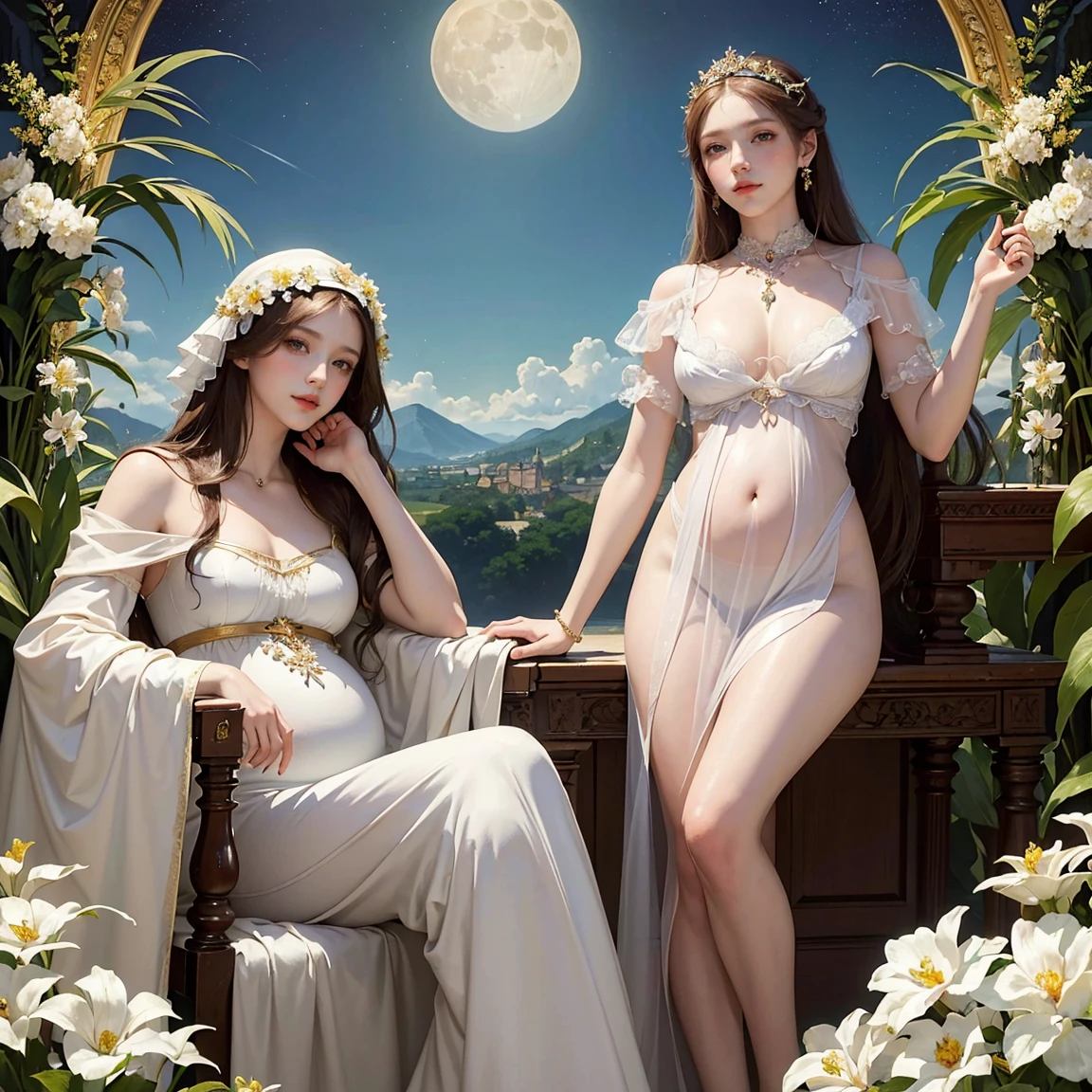 (masterpiece, highest quality, official art, beauty and aesthetic:1.5), oil painting by Leonardo da Vinci and Alfons Maria Mucha, perfect anatomy, two gorgeous and stunning pale-skinned young pregnant goddesses is deeply in love with each other, kiss, fantastic make-up, jewelry, romantic atmosphere, flower and moon, magnificent panorama view