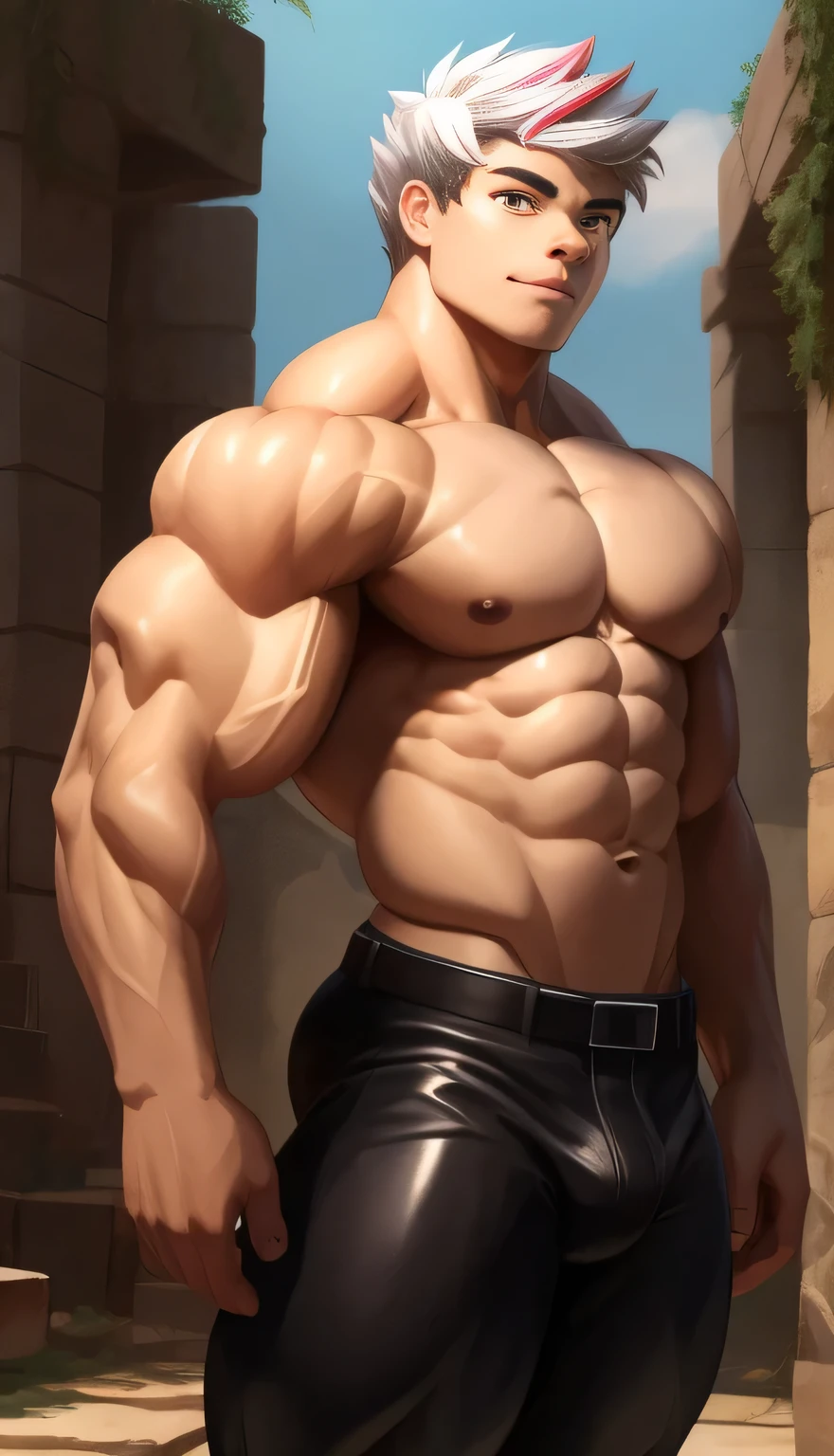 (((Back))) A (Young face) 15 year old teen (15 yearsttractive boy, standing, full body. Mexican ethnicity. tanned skin, silver white hair, short hair bangs that fall on both sides of his youthful face. carefree expression, young man, alone, marked muscles, beautiful musculature, aesthetic stretch marks, inspiring physique, slender muscles, square pecs, beautiful V-cone, excellent abs and torso, chiseled abs, pectorals chiseled, perfect massive muscles, inflated muscles, voluminous pectorals, massive muscular body, a huge gigantic chest with a narrow waist, huge shoulders, ridiculously well-shaped large pecs, eight chiseled abs, (very toned and huge) with his military haircut and voluminous neck, narrow waist, golden eyes, young face, beautiful, young. Teen muscular young builder with extraordinary and firm back, chiseled muscles, rhomboid muscles, latissimus dorsi. Gigachad. He wears a leather jacket (JACKET) that reaches the height of his ribs and is open. (Bare torso) and tight pants, he does not use a belt. He is shirtless under his jacket, which highlights his prominent abs and pectorals. He doesn't wear a belt. His muscles stand out. Ruins of greek temple background. Standing, full body. (((Back))) huge, firm and muscular thighs, round buttocks and round butt with back, huge ass ((firm buttocks. square buttocks)) with big butt. (((Exposed muscular torso. Open jacket.)))