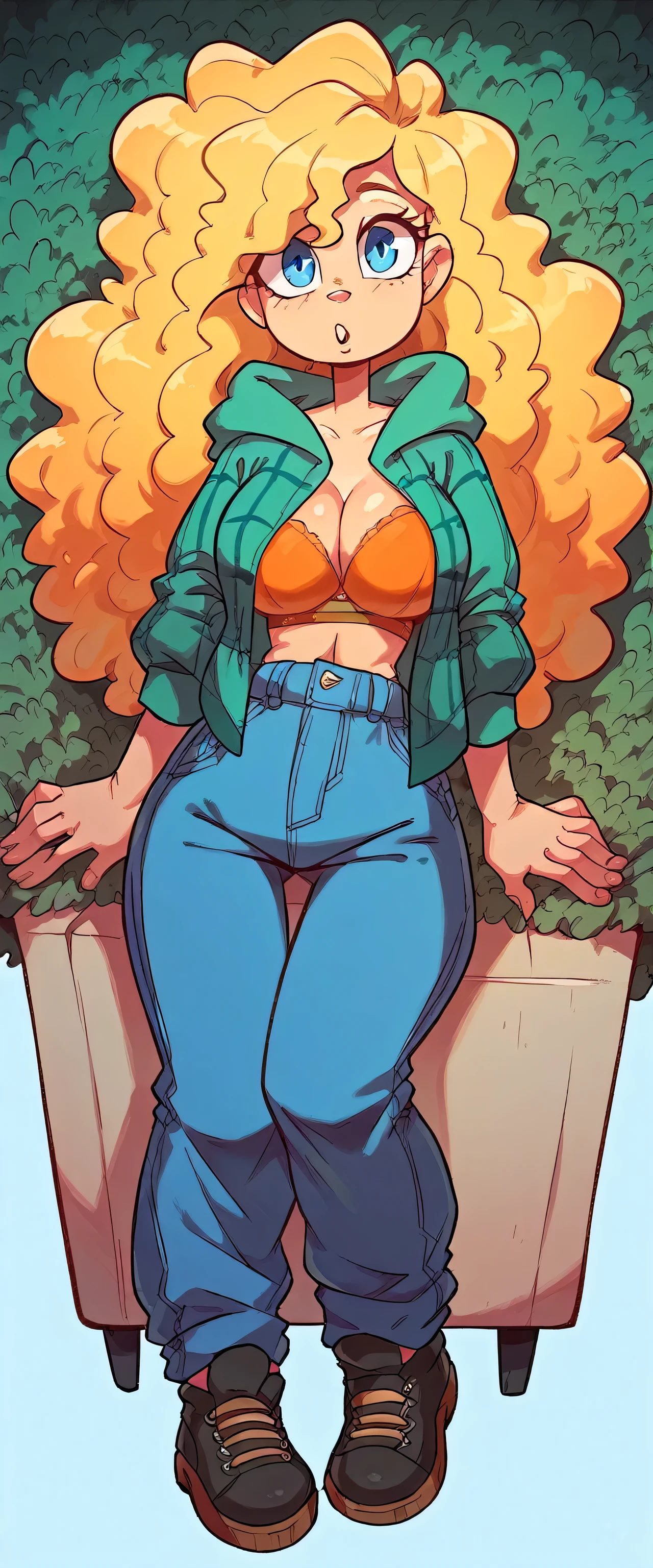  a cute teenage girl beautiful big breast long curly yellow hair mencho in front her blue eye dresses top orange bra underneath long green sweatshirt and blue pants black shoe