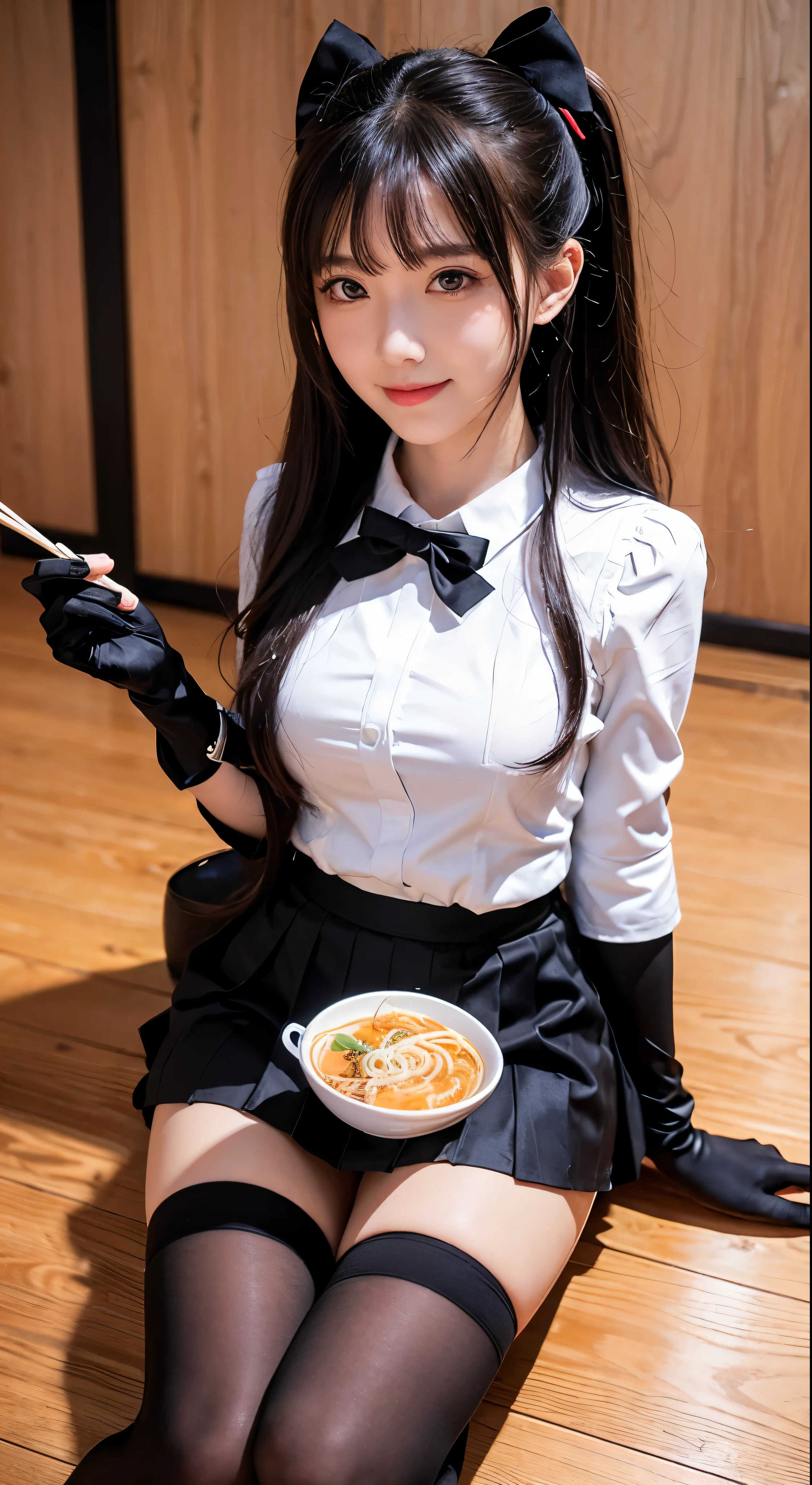 masterpiece, top quality, bewitching pose, full body wide angle, smile, (sitting:1.1) ,ichiraku ramen, (eating ramen noodles:1.0), holding chopsticks and ramen bowl, slurp one's noodles,, silence suzuka (umamusume), black gloves, white skirt, pleated skirt, black pantyhose, layered sleeves, puffy short sleeves, short over long sleeves, black bow, festival,