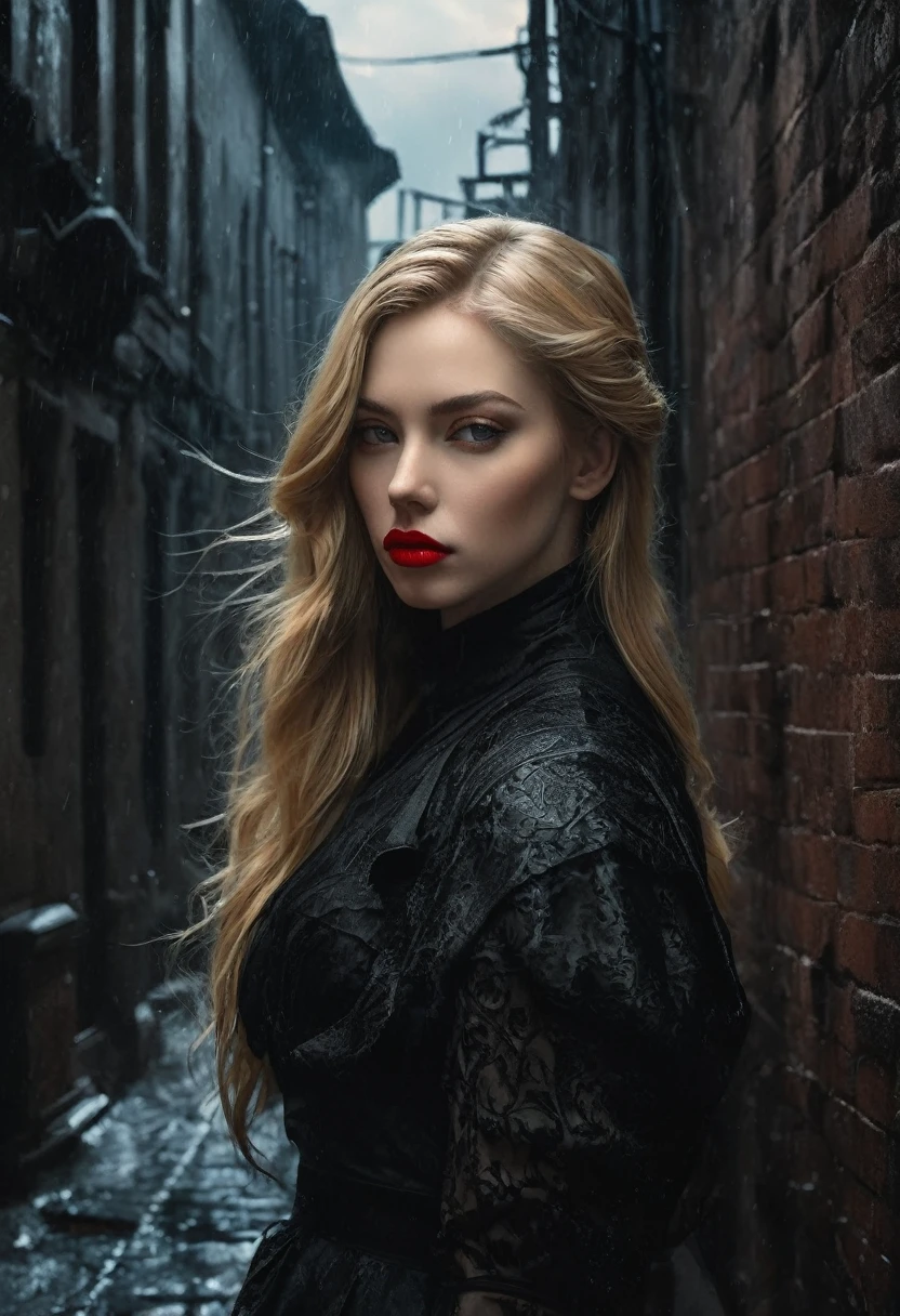 Summer european, gorgeous 30 year old woman in city alleyway, digital illustration, comic style, stunning background, perfect anatomy, dark dramatic character, in the style of jeremy mann and charles dana gibson, mark demsteder, paul hadley, perfect composition undead warrior, who excels and will stand firm in the midst of the raging storm. close-up of a beautiful girl in her 20s in gothic style, black outfit, red lipstick, long blonde hair, face close-up, soft light, 90s anime style, perfect composition, beautiful detailed intricate insanely detailed octane rendering, artstation trend, 8k fine art photography, photorealistic concept art, soft natural 3d cinematic perfect light, chiaroscuro, award-winning photography, masterpiece, oil on canvas, raphael, caravaggio, greg rutkowski, beeple, beksinski, giger, watercolor, trending on artstation, sharp focus, studio photo, intricate details, highly detailed, by greg rutkowski