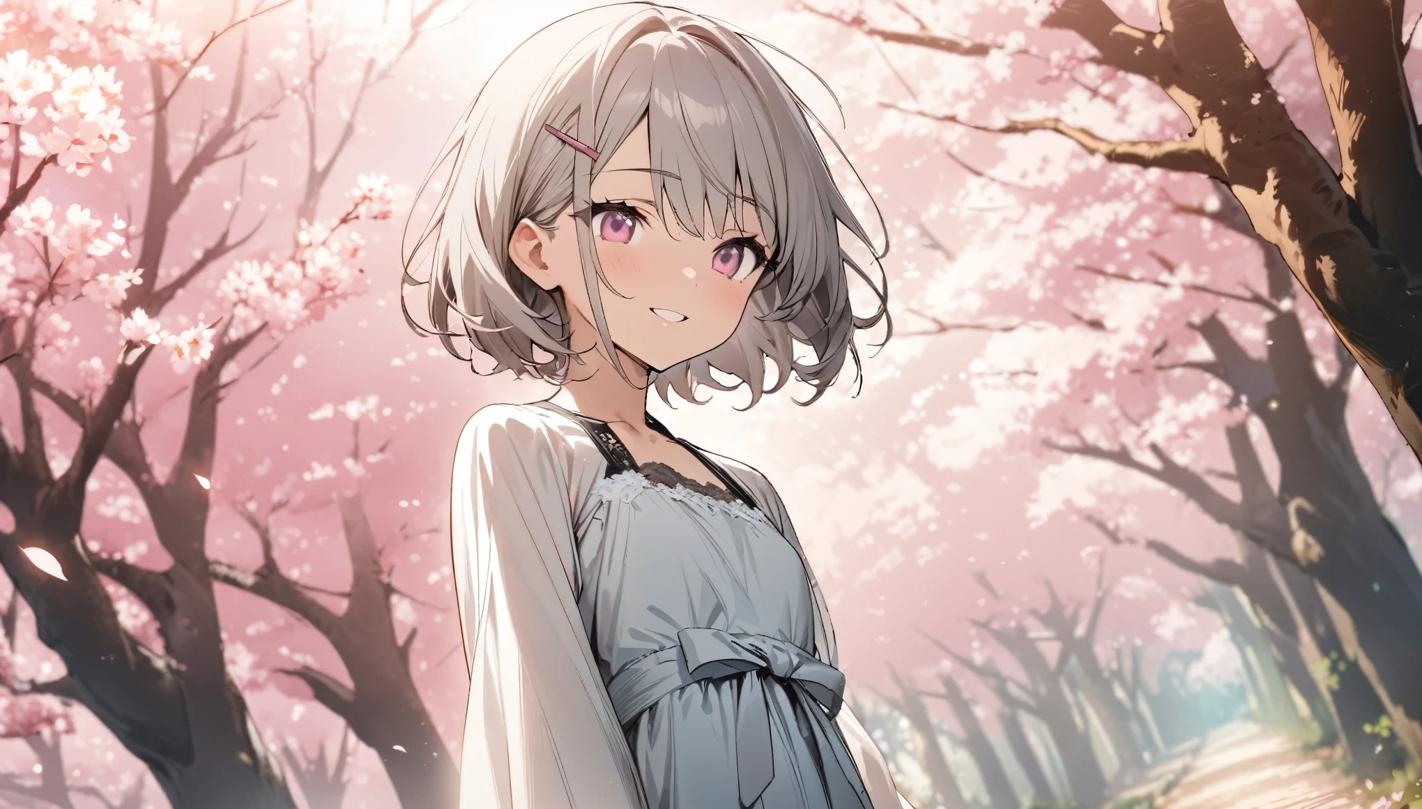 one girl, silver short hair and bob hair、I tied my hair in a bun with a hair clip..、beautiful pink eyes、smile、gentle smile on her face、flat chest, one Beautiful girl,((masterpiece, illustration, best quality)) ((best quality)), ((masterpiece)), (detailed), perfect face, wearing a formal dress, standing under cherry blossom trees forest, calm expression\