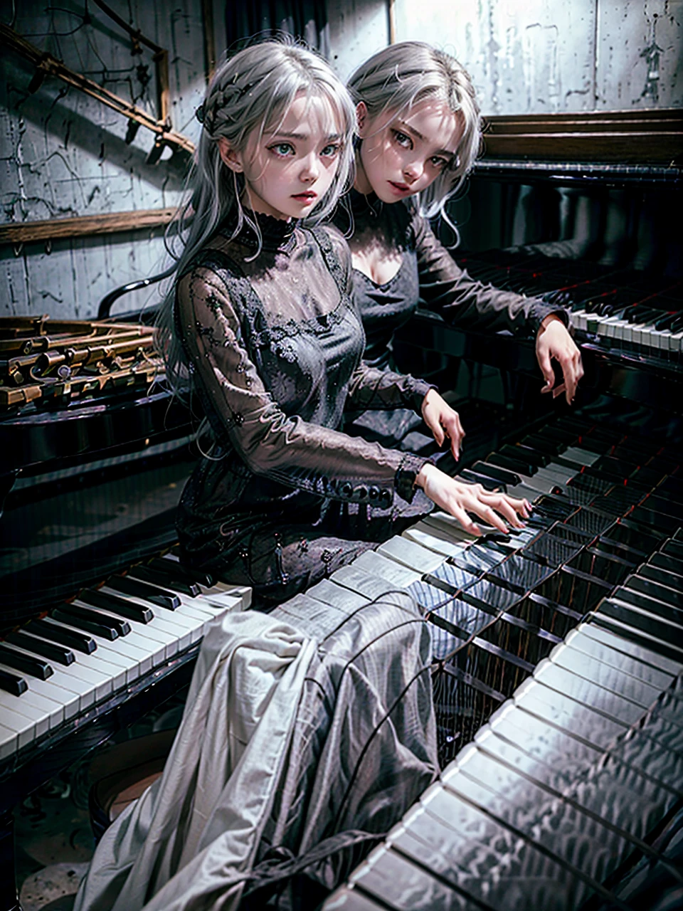 a girl with beautiful silver hair and expressionless red eyes, wearing a black , sitting and playing the piano, in a dark room