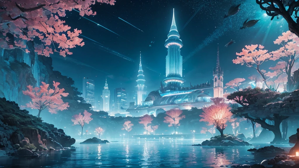 A fantastical and serene deep-sea city. Viewed from the ocean floor looking up towards the water surface. The city is very large with futuristic buildings, domes, and spires. Completely submerged in clear blue and pink water. The entire city is covered by a large dome-shaped glass structure. The scene has a tranquil and calming atmosphere. Soft glowing lights illuminate the city. The water surface above glitters with sunlight, creating beautiful patterns. The city emits a quiet, artificial light. Surrounded by vibrant marine life and coral formations. The water is deeper, adding to the mysterious and serene feeling. The image is high-resolution, realistic, and in 4K. Capturing the enchanting beauty of the underwater city.