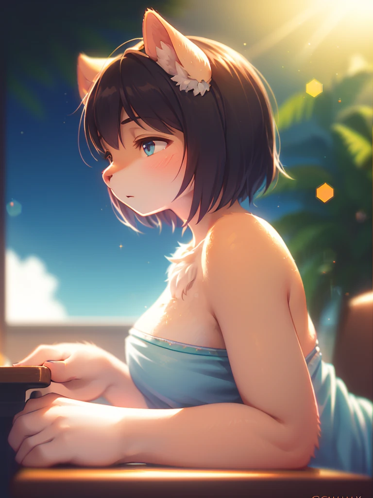 (Sumilux f1.4 50mm , low Latitude old color negative film , cross process , bokeh, flare, chromatic aberration , soft focus, (Shallow focus) , soft glow , Maximum aperture, High Key , Transparent depiction) , side view , A female student rests her upper body on a desk , Press one's chest against the desk