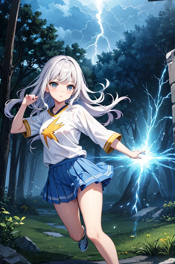 Light blue long hair、Twin-tailed Girl, Flowing hair and a stern face, Running through the forest、A white Western-style castle in the background、Splash Art、lightningに逃げ回る動物達、She is wearing an oversized jacket, Casual T-shirts, and short skirt, Complement with sneakers. 空からはlightning、 A flash of light runs、Face Highlights、The girl is depicted in an action pose, Release your energy and sense of adventure, A gentle breeze blows through her hair. anime girl in a field with lightning in the sky, goddess of lightning, splashes of lightning behind her, with lightning, detailed lighting and thunder, she is attracting lightnings, lightning fantasy magic, japanese lightning goddess, anime lighting, Detailed digital anime art, lightning, volumetric lightning, lightning!!, with lightning bolts, epic lightning, Anime Epic Artwork