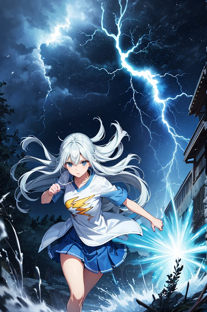 Light blue long hair、Twin-tailed Girl, Flowing hair and a stern face, Running through the forest、A white Western-style castle in the background、Splash Art、lightningに逃げ回る動物達、She is wearing an oversized jacket, Casual T-shirts, and short skirt, Complement with sneakers. 空からはlightning、 A flash of light runs、Face Highlights、The girl is depicted in an action pose, Release your energy and sense of adventure, A gentle breeze blows through her hair. anime girl in a field with lightning in the sky, goddess of lightning, splashes of lightning behind her, with lightning, detailed lighting and thunder, she is attracting lightnings, lightning fantasy magic, japanese lightning goddess, anime lighting, Detailed digital anime art, lightning, volumetric lightning, lightning!!, with lightning bolts, epic lightning, Anime Epic Artwork