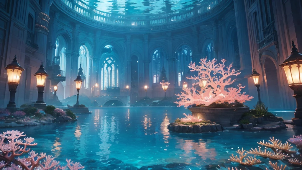 A fantastical and serene deep-sea city. Viewed from the ocean floor looking up towards the water surface. The city is very large with futuristic buildings, domes, and spires. Completely submerged in clear blue and pink water. The entire city is covered by a large dome-shaped glass structure. The scene has a tranquil and calming atmosphere. Soft glowing lights illuminate the city. The water surface above glitters with sunlight, creating beautiful patterns. The city emits a quiet, artificial light. Surrounded by vibrant marine life and coral formations. The water is deeper, adding to the mysterious and serene feeling. The image is high-resolution, realistic, and in 4K. Capturing the enchanting beauty of the underwater city.