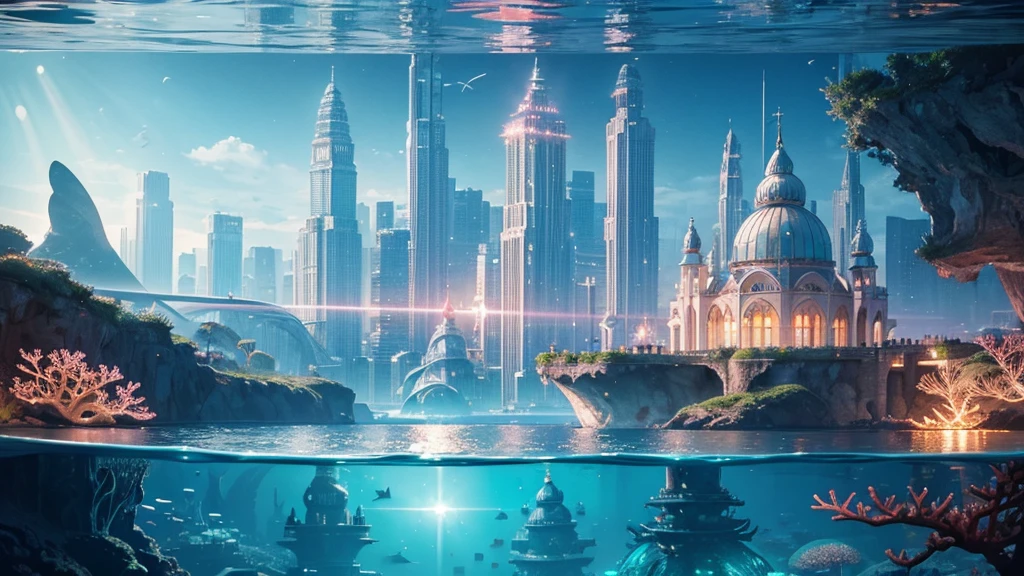 A fantastical and serene deep-sea city. Viewed from the ocean floor looking up towards the water surface. The city is very large with futuristic buildings, domes, and spires. Completely submerged in clear blue and pink water. The entire city is covered by a large dome-shaped glass structure. The scene has a tranquil and calming atmosphere. Soft glowing lights illuminate the city. The water surface above glitters with sunlight, creating beautiful patterns. The city emits a quiet, artificial light. Surrounded by vibrant marine life and coral formations. The water is deeper, adding to the mysterious and serene feeling. The image is high-resolution, realistic, and in 4K. Capturing the enchanting beauty of the underwater city.