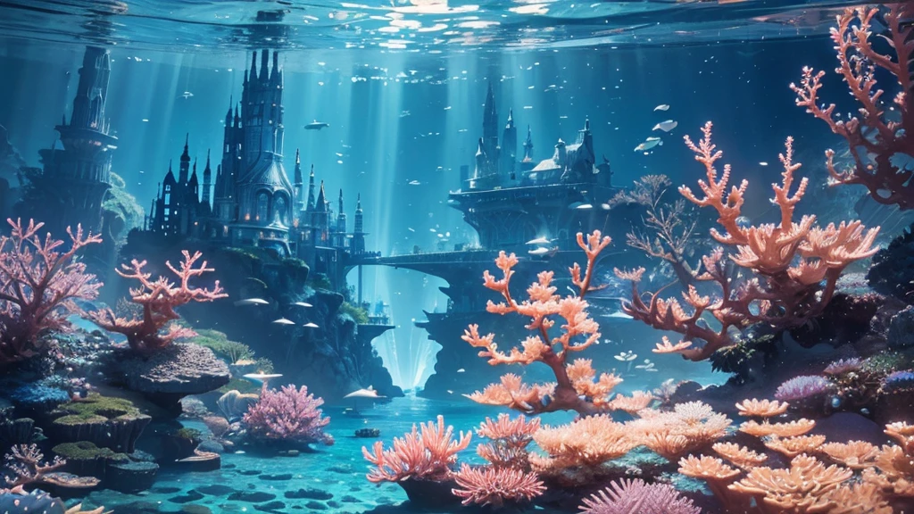 A fantastical and serene deep-sea city. Viewed from the ocean floor looking up towards the water surface. The city is very large with futuristic buildings, domes, and spires. Completely submerged in clear blue and pink water. The entire city is covered by a large dome-shaped glass structure. The scene has a tranquil and calming atmosphere. Soft glowing lights illuminate the city. The water surface above glitters with sunlight, creating beautiful patterns. The city emits a quiet, artificial light. Surrounded by vibrant marine life and coral formations. The water is deeper, adding to the mysterious and serene feeling. The image is high-resolution, realistic, and in 4K. Capturing the enchanting beauty of the underwater city.