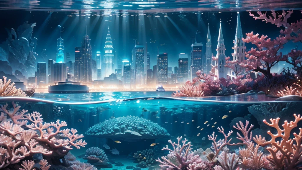 A fantastical and serene deep-sea city. Viewed from the ocean floor looking up towards the water surface. The city is very large with futuristic buildings, domes, and spires. Completely submerged in clear blue and pink water. The entire city is covered by a large dome-shaped glass structure. The scene has a tranquil and calming atmosphere. Soft glowing lights illuminate the city. The water surface above glitters with sunlight, creating beautiful patterns. The city emits a quiet, artificial light. Surrounded by vibrant marine life and coral formations. The water is deeper, adding to the mysterious and serene feeling. The image is high-resolution, realistic, and in 4K. Capturing the enchanting beauty of the underwater city.