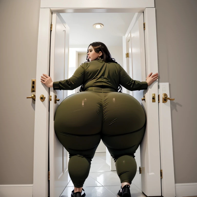 masterpiece, 1girl behind a doorway, from behind, (doorstuck, stuckback:1.3), ssbbw ,huge wide hips, round belly, thick thighs, giant butt,colorful clothing, wearing a olive green suit and tie and formal pants, upset, desperately trying to wiggle through, she tries to free herself but she won't budge, she is stuck tight view from behind, she is too wide, the doorway is quite narrow too, she kicks her legs furiously, trying to wiggle her hips through the small door, but its no good, the door is too small, she keeps trying to squeeze through with frustration, she is stuck too tight
