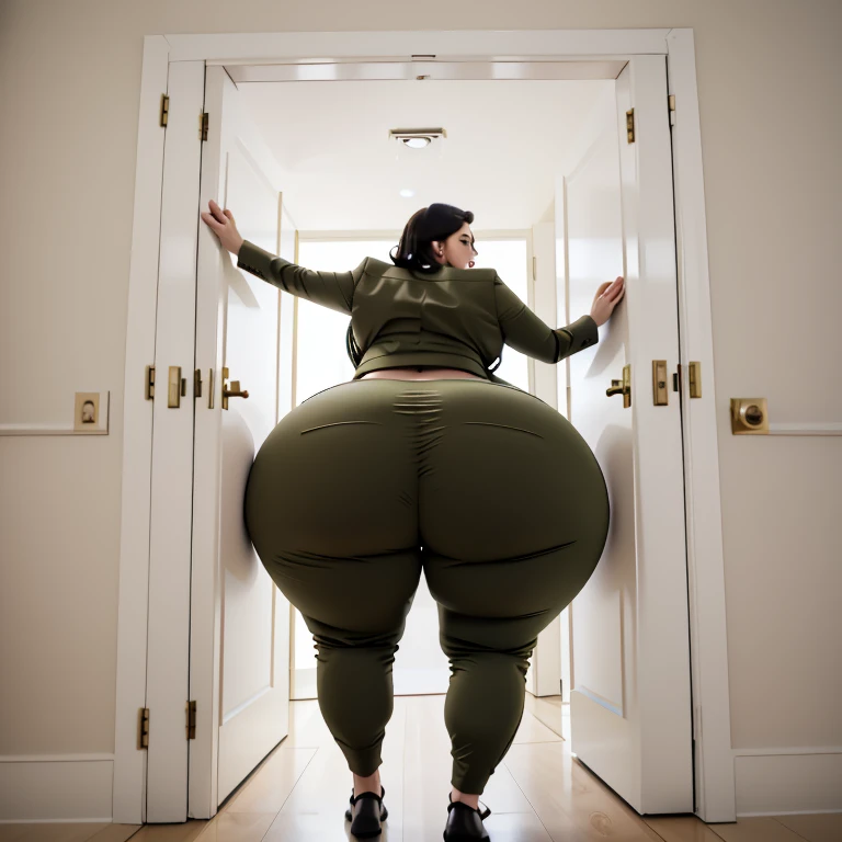 masterpiece, 1girl behind a doorway, from behind, (doorstuck, stuckback:1.3), ssbbw ,huge wide hips, round belly, thick thighs, giant butt,colorful clothing, wearing a olive green suit and tie and formal pants, upset, desperately trying to wiggle through, she tries to free herself but she won't budge, she is stuck tight view from behind, she is too wide, the doorway is quite narrow too, she kicks her legs furiously, trying to wiggle her hips through the small door, but its no good, the door is too small, she keeps trying to squeeze through with frustration, she is stuck too tight