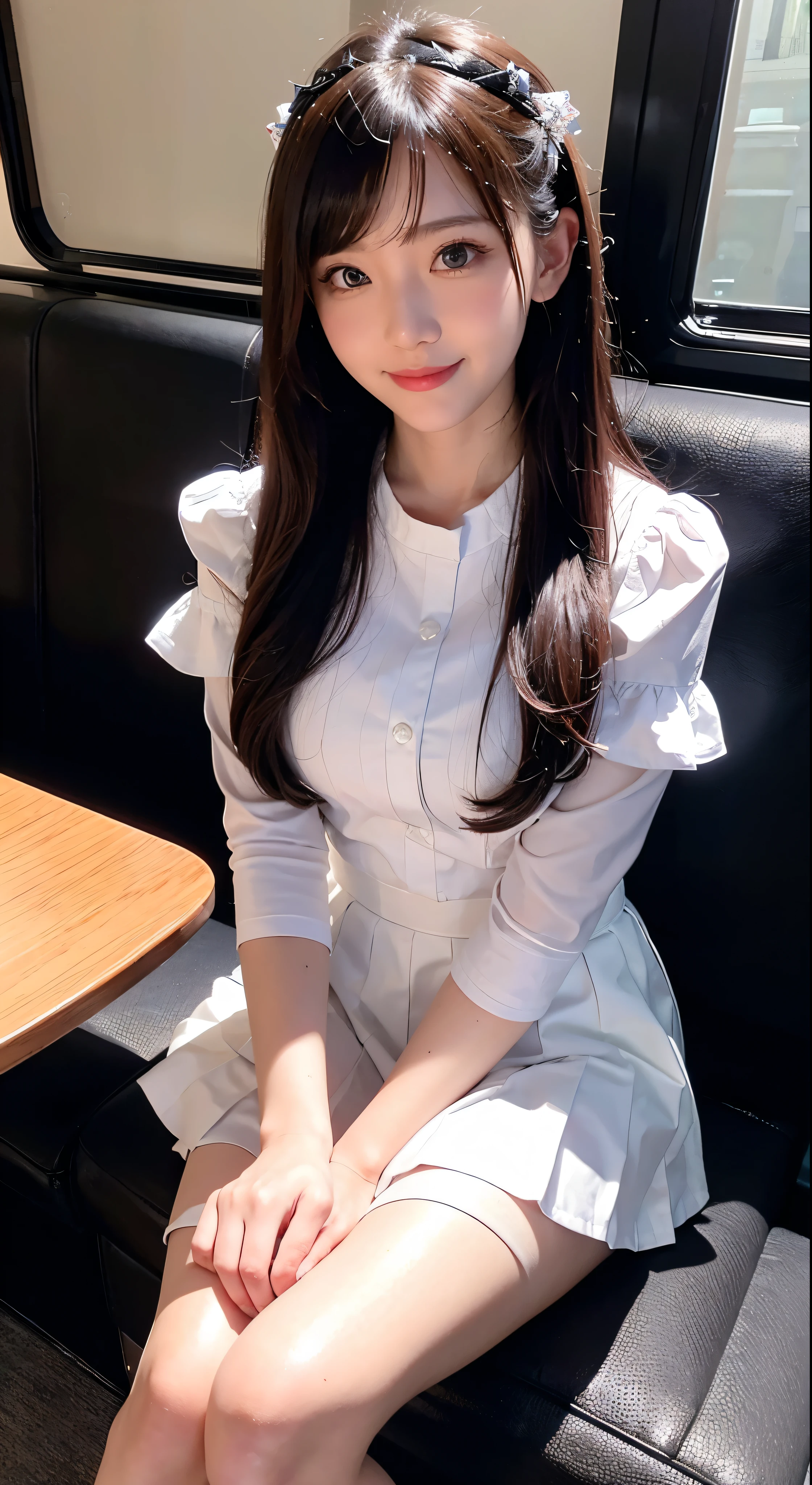 masterpiece、first-class、Bewitching pose、Full-body wide-angle、smile、(seat:1.1)、shaved ice、(shaved ice:1.0)、スプーンとshaved iceを持ち、Facial details、Silence Suzuka、White handbag、Black Skirt、Pleated skirt、White Pantyhose、Layered sleeves、Puffy short sleeves、Long sleeves to short sleeves、Red Shirt、festival