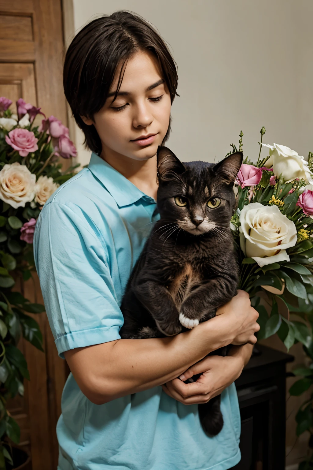 A cat holding a bouquet of flowers in his arms