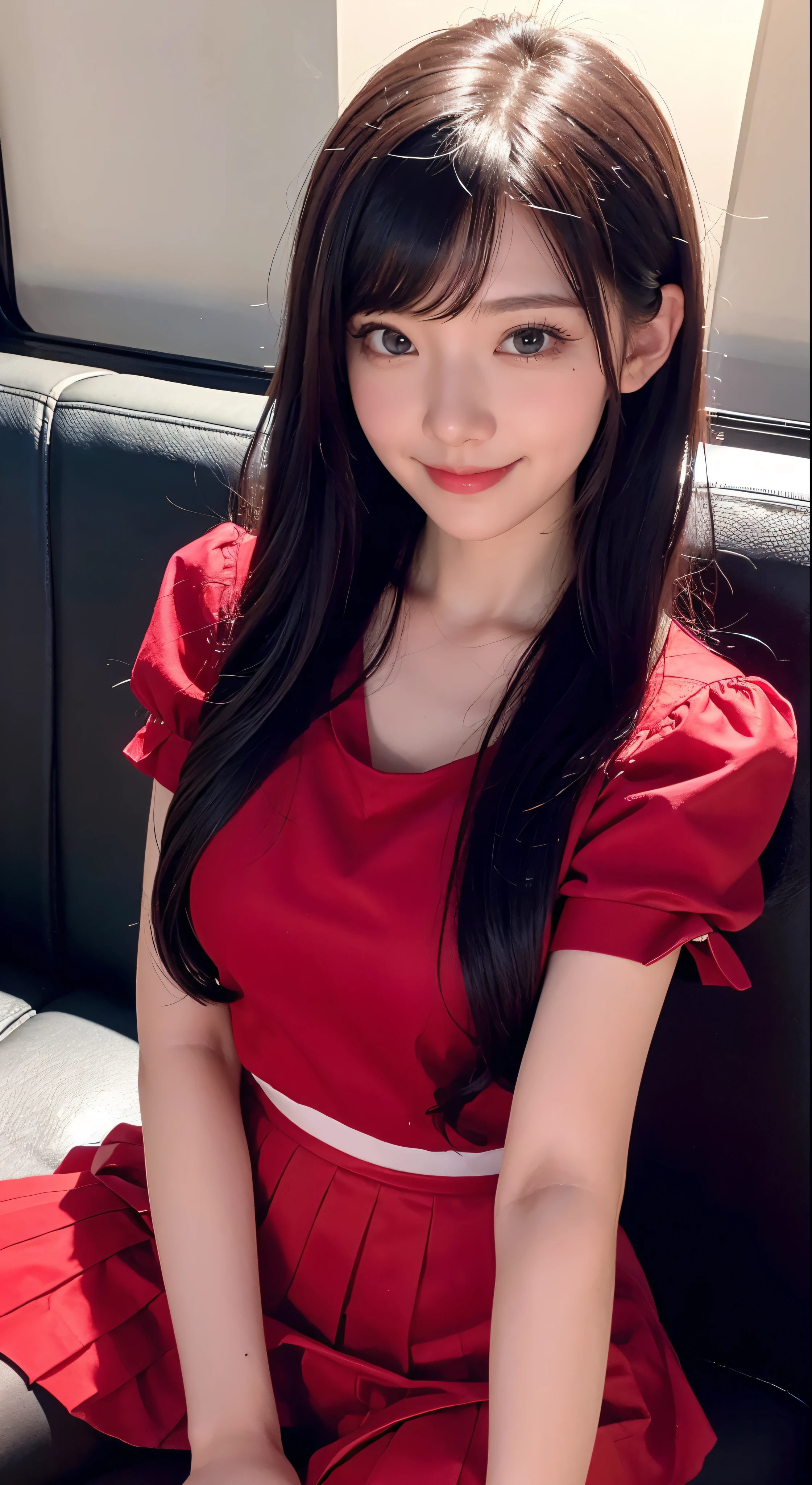 masterpiece、first-class、Bewitching pose、Full-body wide-angle、smile、(seat:1.1)、shaved ice、(shaved ice:1.0)、スプーンとshaved iceを持ち、Facial details、Silence Suzuka、Red Skirt、Pleated skirt、pantyhose、Layered sleeves、Puffy short sleeves、Long sleeves to short sleeves、Red Shirt、festival
