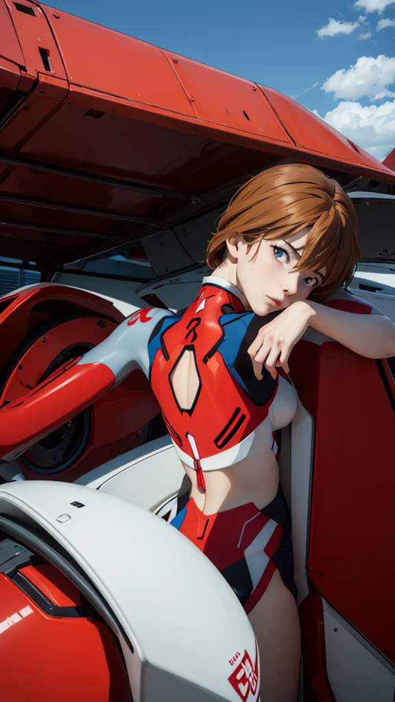 2 girls, Asuka Langley Soryu y Rei Ayanami, neon genesis evangelion anime, sexy girl, se estan abrazando de forma obscen, poderosa, classic red costume, YOUNG, skynny body, small and beautiful buttocks, toned abdomen, small and beautiful breasts, obscene, sensual, malevolent, Eva 03 color rojo en el fondo, edificios in the background, dramatic background, nubes, ciudad de Tokyo 3, pose de batalla, el cielo esta resplandeciente, el sol ilumina su belleza, sensual look, cuerpo completo, beautiful blue eyes, classic hairstyle,Hair dyed in bright red color, best quality,4k,8k,A high resolution,masterpiece,ultra detailed,Realistic, Photorealistic,photo realistic