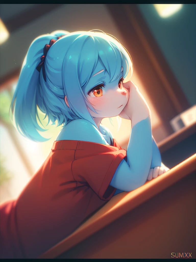 (Sumilux f1.4 50mm , low Latitude old color negative film , cross process , bokeh, flare, chromatic aberration , soft focus, (Shallow focus) , soft glow , Maximum aperture, High Key , Transparent depiction) , side view , A female student rests her upper body on a desk , Press one's face against the desk