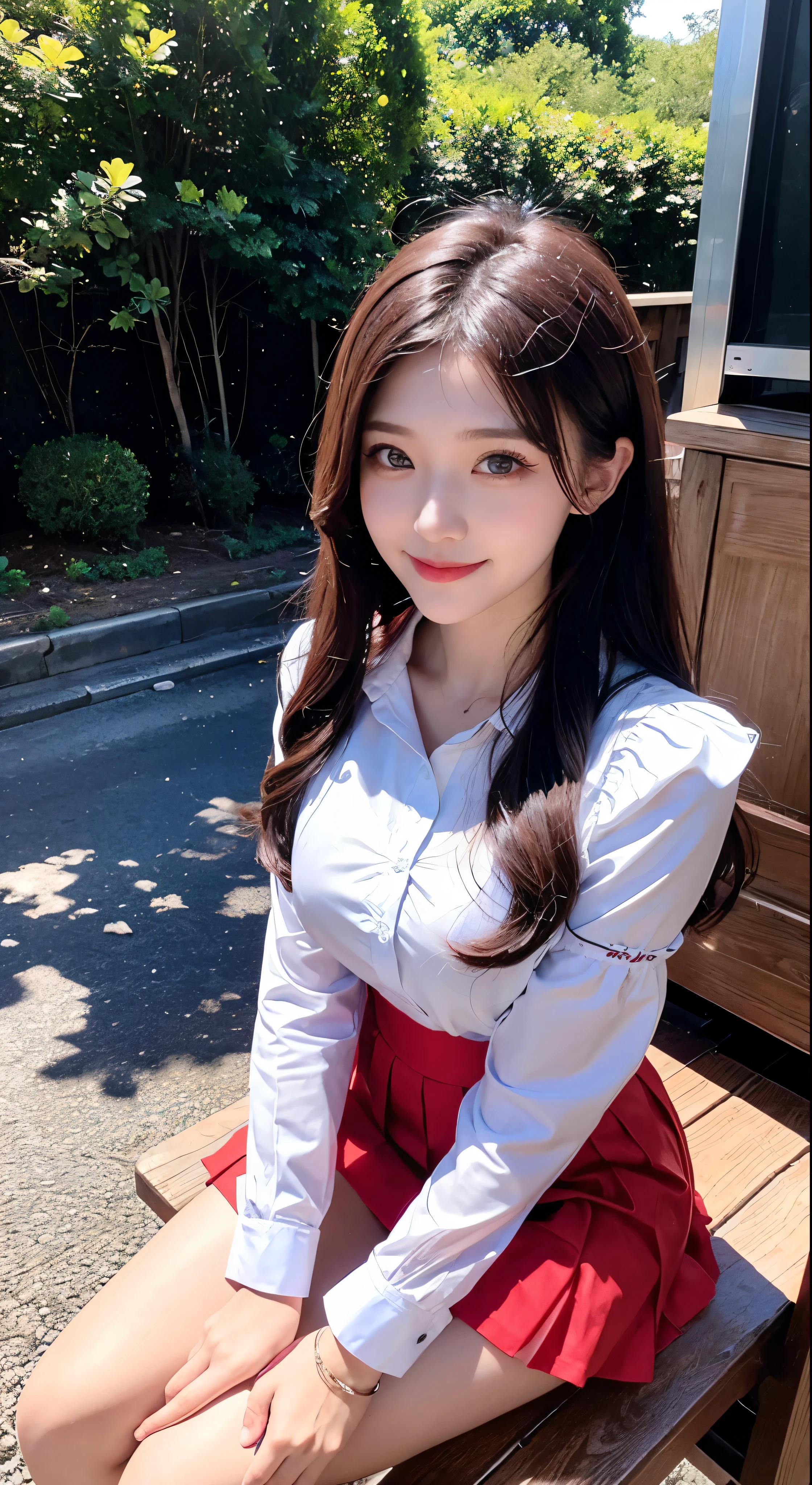 masterpiece、first-class、Bewitching pose、Full-body wide-angle、smile、(seat:1.1)、shaved ice、(shaved ice:1.0)、スプーンとshaved iceを持ち、Facial details、Silence Suzuka、Red Skirt、Pleated skirt、pantyhose、Layered sleeves、Puffy short sleeves、Long sleeves to short sleeves、Red Shirt、festival