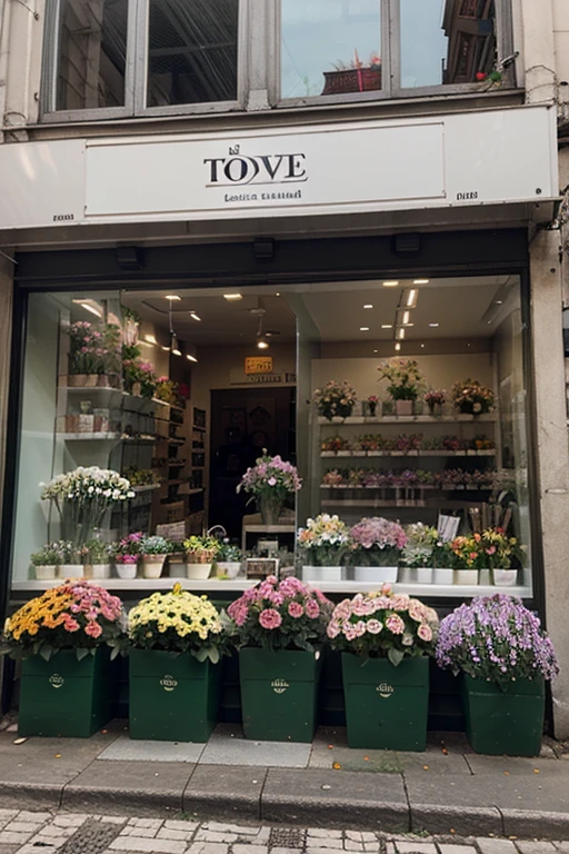 Generate a flower shop from the street with large glass windows where flowers and bouquets are visible