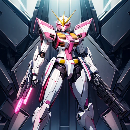 Robot with a gun and a picture of a gun, Streamlined pink armor, modern Mecha anime, cool Mecha style, female Mecha, Gundam Armor, Mobile Suit, アニメ Mecha アーマー, # Mecha, 妨害Mecha, Eva Unit 0 in the back, Anime Manga Robot!! Anime Girls, an anime large Mecha robot, Gundam Style