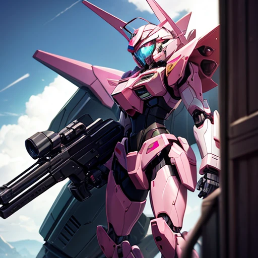 Robot with a gun and a picture of a gun, Streamlined pink armor, modern Mecha anime, cool Mecha style, female Mecha, Gundam Armor, Mobile Suit, アニメ Mecha アーマー, # Mecha, 妨害Mecha, Eva Unit 0 in the back, Anime Manga Robot!! Anime Girls, an anime large Mecha robot, Gundam Style