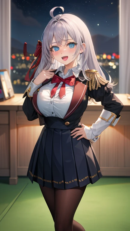 Alisa Kujou,
(night:1.7), 1 girl standing at attention, 22 years,young female,beautiful Finger, beautiful long legs ,beautiful body ,beautiful Nose ,beautiful character design, Perfect eyes, perfect face,
There is an anime girl., 1 girl, thighs, Alone, (very short skirt:1.4), Blue eyes, old, black dress ,elegant , long socks (short dress) , neckline, bow, hand on hip, blush, black thighs, bowtie, inside, brown shoes, The Great Passage, moccasins, Shoes, large old, looking at the viewer, take half distance, close up shot of open mouth, thighs,
looking at the viewer, smile, greeting the viewer, In the center of the image, Fondo de pantalla CG unity 8K extremadamente detallado, Perfect lighting,showy, bright_forehead_face_Lightinasterpiece:1.0),(better_quality:1.0), ultra high resolution,4k,ultra detailed,
Photography, 8K, HDR, high resolution, absurdities:1.2, codas portrait, film grain, blurred background, bokeh:1.2, Lens flare, (Vibrant_Color:1.2)
, (beautiful_face:1.5),(narrow_waist), (beautiful,huge_old:1.3)