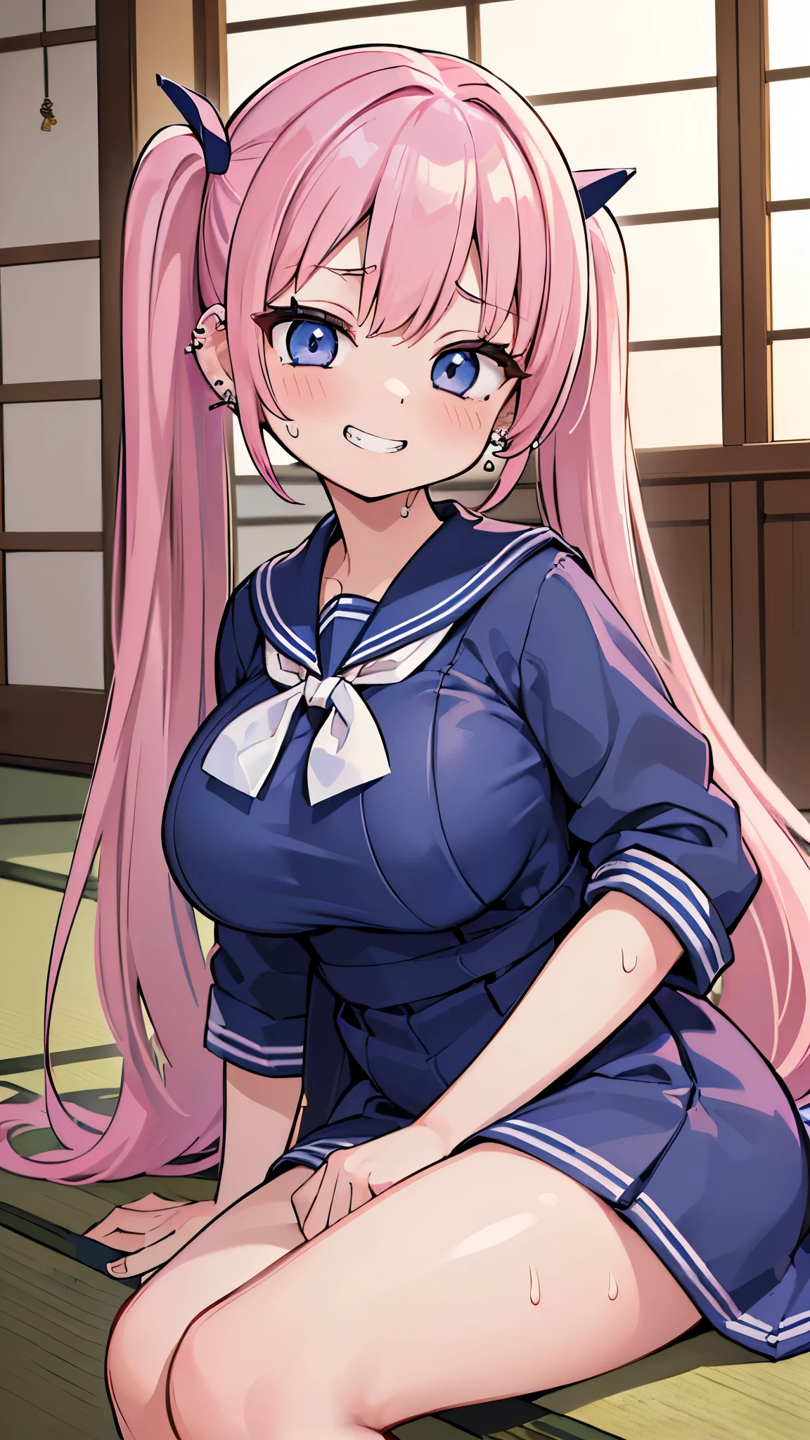 ((masterpiece、Highest quality、Super detailed)、((One girl))、((Pink Hair))、((Twin tails))、((Light blue eyes))、evil smile、((Grin))、((lots of piercings))、((Very large breasts))、((Navy blue sailor dress))、((Sweat))、knee up、tatami、Veranda、Japanese style room background