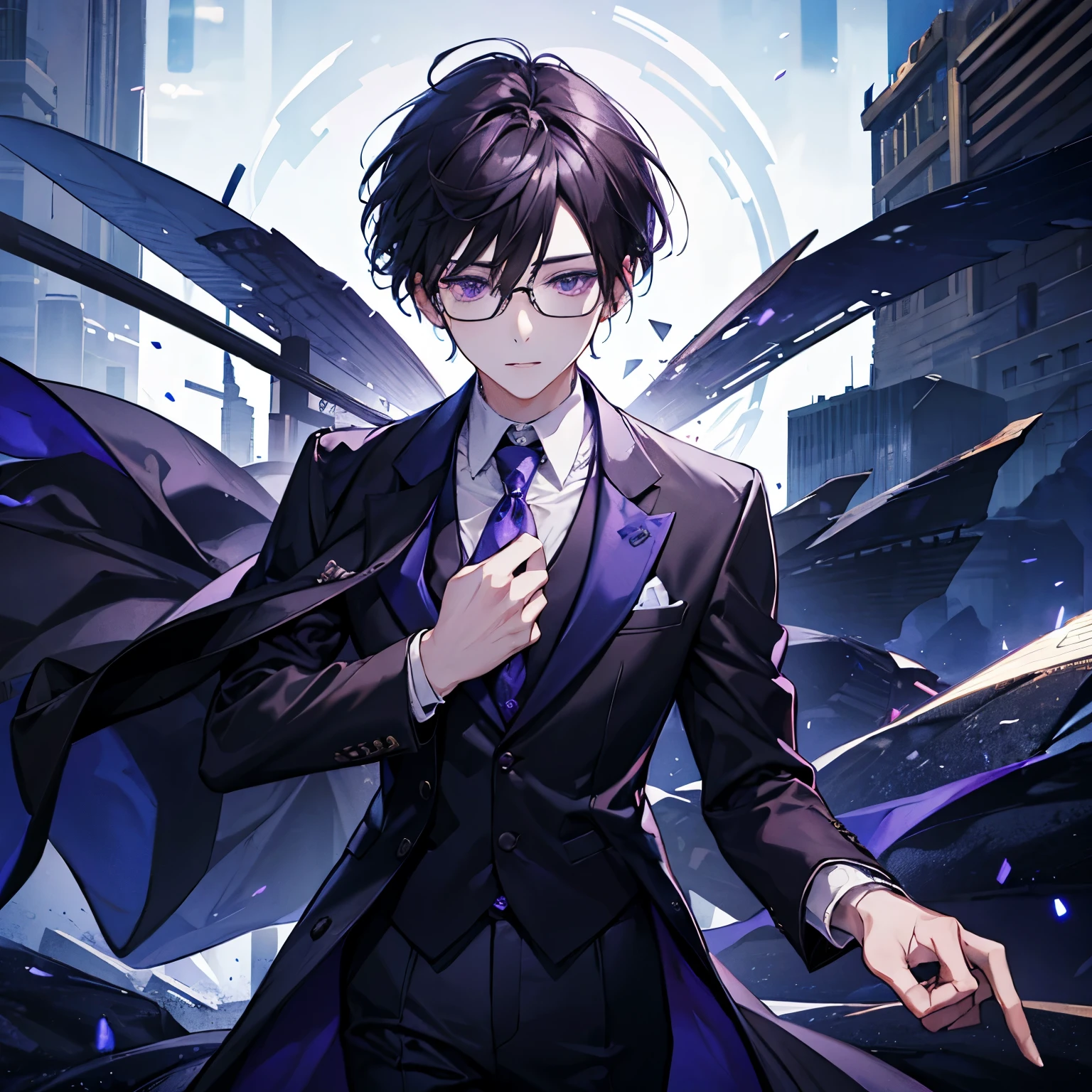 One Man、Dark Brown Hair、Purple Eyes、Clear eyes、In a suit、Navy blue tie、Short Hair、The right eye is hidden by bangs、Glasses、Close-up of face、full moon、Book