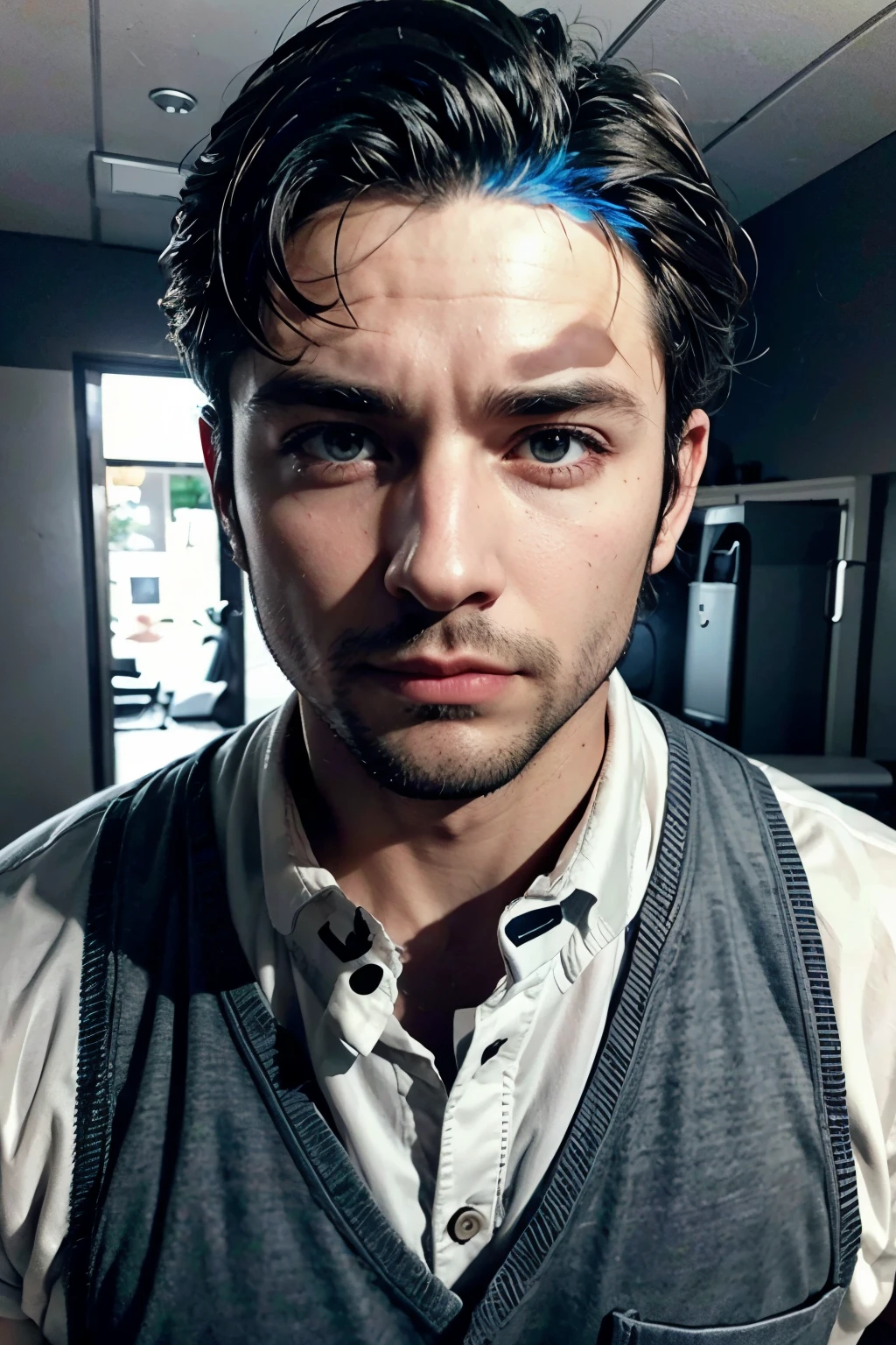 A 39 YEAR OLD MAN, Italian, high, CORPULAR AND MUSCLE BECAUSE HE GOES TO THE GYM, dark hair. HIS FACE IS BURNED PERO LO MISMO SU ROSTRO ES HERMOSO CON RASGOS DUROS. He wears dress pants and a button-down shirt., with a vest on top. HIS FACE IS BURNED
