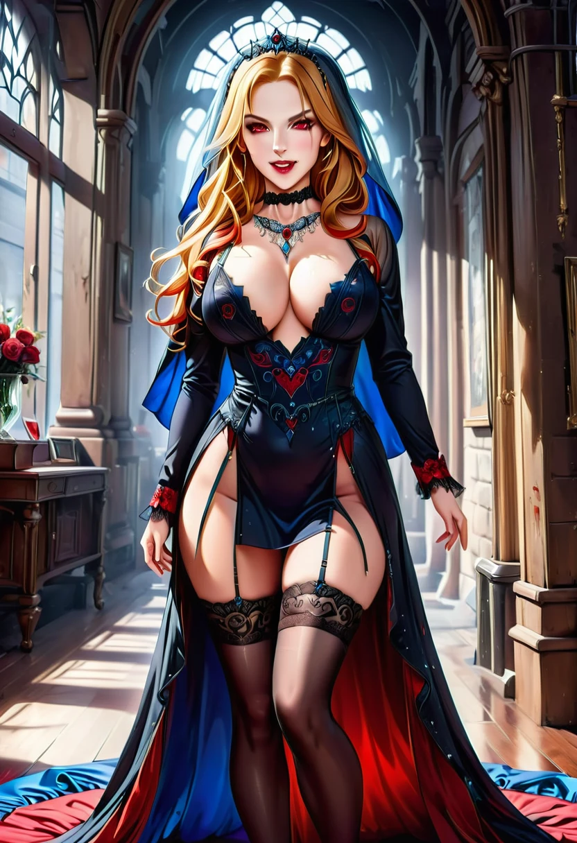 a glamour picture shot,  ((full body: 1.5) of an elite vampire model, walking on a (dark catwalk: 1.2), an extraordinary glamourous elite female vampire model, ((full body: 1.5)),  ((anatomically correct: 1.5), (ultra detailed face: 1.2), best detailed face, blond hair, long hair, lush hair, red eyes, delicate face, light make up, wearing intricate blue detailed dress, glamour dress, haute couture dress, elite fashion dress, white dress, decorated with diamonds,  small cleavage, wearing high heels, elegant high heels, she wears diamond necklace, elite fashion show background, vibrant, Hyperrealism style, vibrant, Ultra-high resolution, High Contrast, (masterpiece:1.5), highest quality, Best aesthetics), best details, best quality, highres, ultra wide angle, 16k, [ultra detailed], masterpiece, best quality, (extremely detailed) RAW, hud_s1n, short black dress, long sleeves, veil, thighhighs, rpg portrait, photograph, BloodSoakedAI, vampire teeth