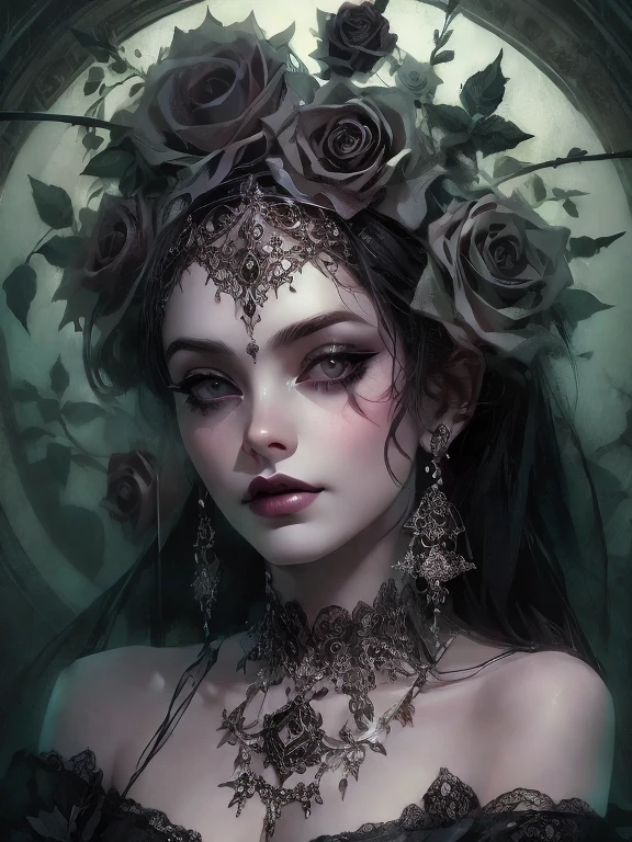 A pale goth woman with black roses in her hair, grey eyes and silver makeup wearing an elaborate headdress made of lace and thorns, a pentagram necklace around her neck and flowers on top of her head, digital art in the style of daniel f gerhartz and Ray Caesar, detailed portrait. --ar 3:4
