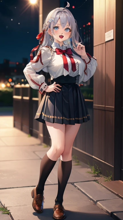 Alisa Kujou,
(night:1.7), 1 girl standing at attention, 22 years,young female,beautiful Finger, beautiful long legs ,beautiful body ,beautiful Nose ,beautiful character design, Perfect eyes, perfect face,
There is an anime girl., 1 girl, thighs, Alone, (very short skirt:1.4), Blue eyes, old, black dress ,elegant , long socks (short dress) , neckline, bow, hand on hip, blush, black thighs, bowtie, inside, brown shoes, The Great Passage, moccasins, Shoes, large old, looking at the viewer, take half distance, close up shot of open mouth, thighs,
looking at the viewer, smile, greeting the viewer, In the center of the image, Fondo de pantalla CG unity 8K extremadamente detallado, Perfect lighting,showy, bright_forehead_face_Lightinasterpiece:1.0),(better_quality:1.0), ultra high resolution,4k,ultra detailed,
Photography, 8K, HDR, high resolution, absurdities:1.2, codas portrait, film grain, blurred background, bokeh:1.2, Lens flare, (Vibrant_Color:1.2)
, (beautiful_face:1.5),(narrow_waist), (beautiful,huge_old:1.3)