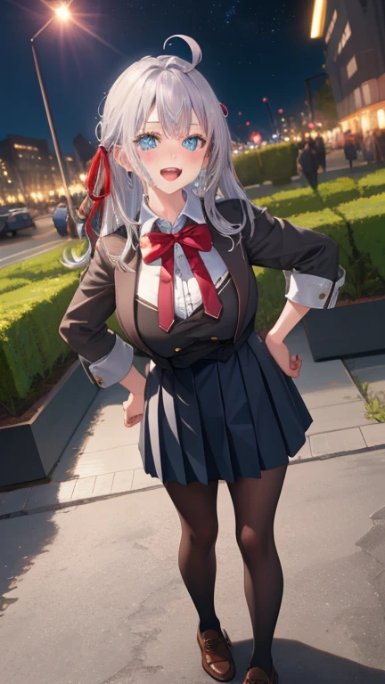 Alisa Kujou,
(night:1.7), 1 girl standing at attention, 22 years,young female,beautiful Finger, beautiful long legs ,beautiful body ,beautiful Nose ,beautiful character design, Perfect eyes, perfect face,
There is an anime girl., 1 girl, thighs, Alone, (very short skirt:1.4), Blue eyes, old, black dress ,elegant , long socks (short dress) , neckline, bow, hand on hip, blush, black thighs, bowtie, inside, brown shoes, The Great Passage, moccasins, Shoes, large old, looking at the viewer, take half distance, close up shot of open mouth, thighs,
looking at the viewer, smile, greeting the viewer, In the center of the image, Fondo de pantalla CG unity 8K extremadamente detallado, Perfect lighting,showy, bright_forehead_face_Lightinasterpiece:1.0),(better_quality:1.0), ultra high resolution,4k,ultra detailed,
Photography, 8K, HDR, high resolution, absurdities:1.2, codas portrait, film grain, blurred background, bokeh:1.2, Lens flare, (Vibrant_Color:1.2)
, (beautiful_face:1.5),(narrow_waist), (beautiful,huge_old:1.3)