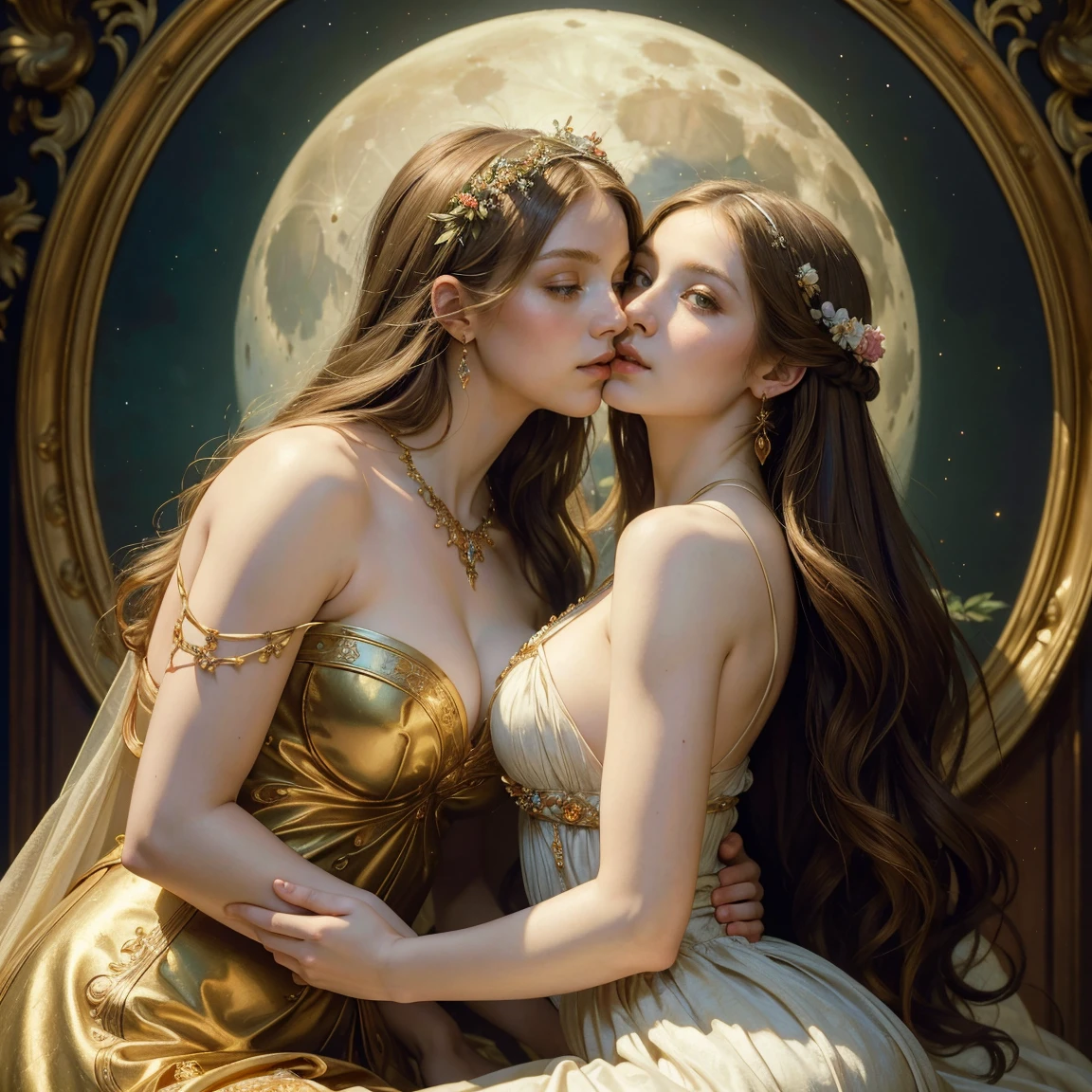 (masterpiece, highest quality, official art, beauty and aesthetic:1.5), oil painting by Leonardo da Vinci and Alfons Maria Mucha, perfect anatomy, two gorgeous and stunning pale-skinned young pregnant goddesses is deeply in love with each other, kiss, fantastic make-up, jewelry, romantic atmosphere, flower and moon, magnificent panorama view