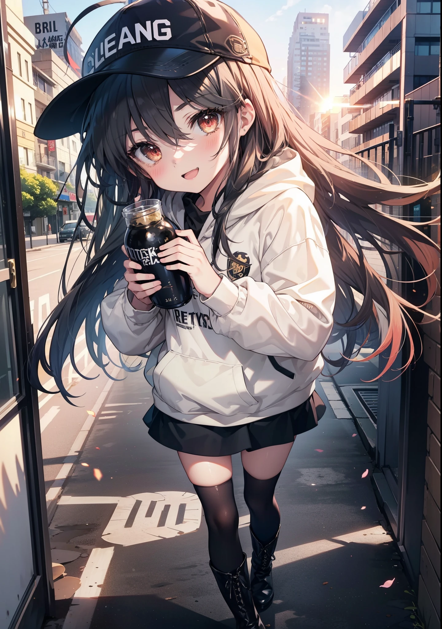 Shana,灼眼のShana,Long Hair, Redhead, Red eyes,happy smile, smile, Open your mouth,Oversized red hoodie,Baseball hats,mini skirt,black tights,short boots,Walking,morning陽,morning,The sun is rising,whole bodyがイラストに入るように, break outdoors, Building district, break looking at viewer, whole body, break (masterpiece:1.2), Highest quality, High resolution, unity 8k wallpaper, (shape:0.8), (Beautiful attention to detail:1.6), Highly detailed face, Perfect lighting, Highly detailed CG, (Perfect hands, Perfect Anatomy),