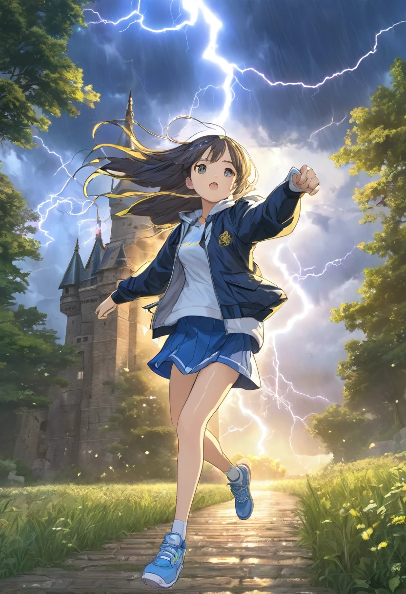 Light blue long hair、Twin-tailed Girl, Flowing hair and a stern face, Running through the forest、A white Western-style castle in the background、Splash Art、Animals fleeing from lightning、She is wearing an oversized jacket, Casual T-shirts, and short skirt, Complement with sneakers. Lightning from the sky、 A flash of light runs、Face Highlights、The girl is depicted in an action pose, Release your energy and sense of adventure, A gentle breeze blows through her hair. anime girl in a field with lightning in the sky, goddess of lightning, Splashes of lightning behind her, with lightning, detailed lighting and thunder, she is attracting lightning, 