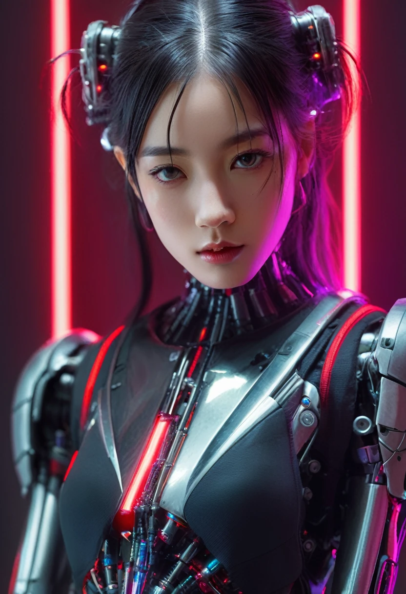 xxmixgirl. Highly detailed professional 35mm film, bokeh, face in sharp focus. A robotic female, Miku, with ((metal skin)), ((perfect Asian eyes)) with magenta irises and ((black pupils)), beautiful serious (detailed face), 18 year old ((photorealistic face)), very long magenta twin tails of magenta hair, twin black hair ties with a single red stripe. She may have a black audio headpiece. We can see her ((full body)) down to her boot soles. Her outfit is a sleeveless collared light grey shirt, outlined in red around the frilled collar and hems. Shiny reflective ((metallic breast cups, dimpleless)), invisible nipples. She wears black sleeves with red hems that start around her upper arm and bellow out as the sleeves open and extend to her wrists, with wide trumpet red rimmed cuffs. She has perfect robotic (detailed hands). She wears a red colored tie with two horizontal solid parallel black lines halfway across. She wears a fabric black skirt with a horizontal red hem at the bottom all the way around; her (((black skirt wraps around her))) and ((her skirt completely covers)) her robotic waist and thighs. Tall black boots with red bottom soles, a red rim around the top at her thighs. Her mechanical shoulder joints are visible. We can see her robotic legs and robotic neck. Half of her is covered with shiny polished machinery. The background is a distant dark neon futuristic Japanese city, gold, cyan, violet neon, near harbor or mountains.