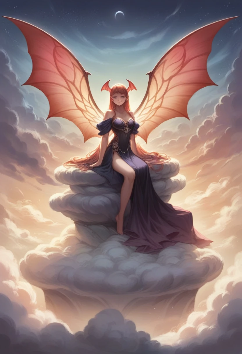 ((best quality)), ((masterpiece)), (detailed), alluring succubus, ethereal beauty, perched on a cloud, (fantasy illustration:1.3), enchanting gaze, captivating pose, delicate wings, otherworldly charm, mystical sky, (Luis Royo:1.2), (Yoshitaka Amano:1.1), moonlit night, soft colors, (detailed cloudscape:1.3), (high-resolution:1.2)
