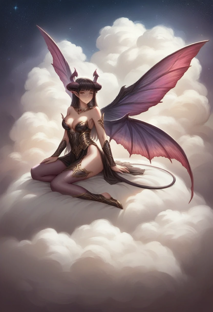 ((best quality)), ((masterpiece)), (detailed), alluring succubus, ethereal beauty, perched on a cloud, (fantasy illustration:1.3), enchanting gaze, captivating pose, delicate wings, otherworldly charm, mystical sky, (Luis Royo:1.2), (Yoshitaka Amano:1.1), moonlit night, soft colors, (detailed cloudscape:1.3), (high-resolution:1.2)