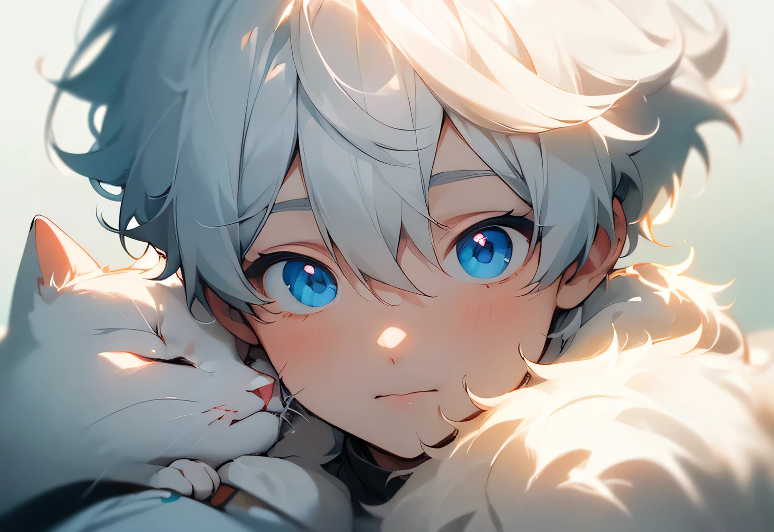 (masterpiece, Ultra-high quality, high resolution, 8K, complicated: 1.2), (Delicate face:1.2),White skin, Double eyelids , Delicate skin, a boy,Good lighting quality, ((青White skin)), Soft and cute anime style，Cute cat-eared boy with white fur，Bright blue eyes，Q version expression pack，Excellent anime