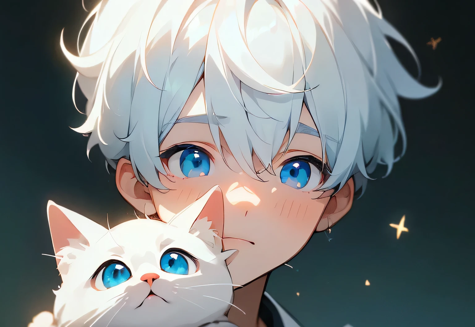 (masterpiece, Ultra-high quality, high resolution, 8K, complicated: 1.2), (Delicate face:1.2),White skin, Double eyelids , Delicate skin, a boy,Good lighting quality, ((青White skin)), Soft and cute anime style,Cute cat-eared boy with white fur,Bright blue eyes,Q version expression pack,Excellent anime