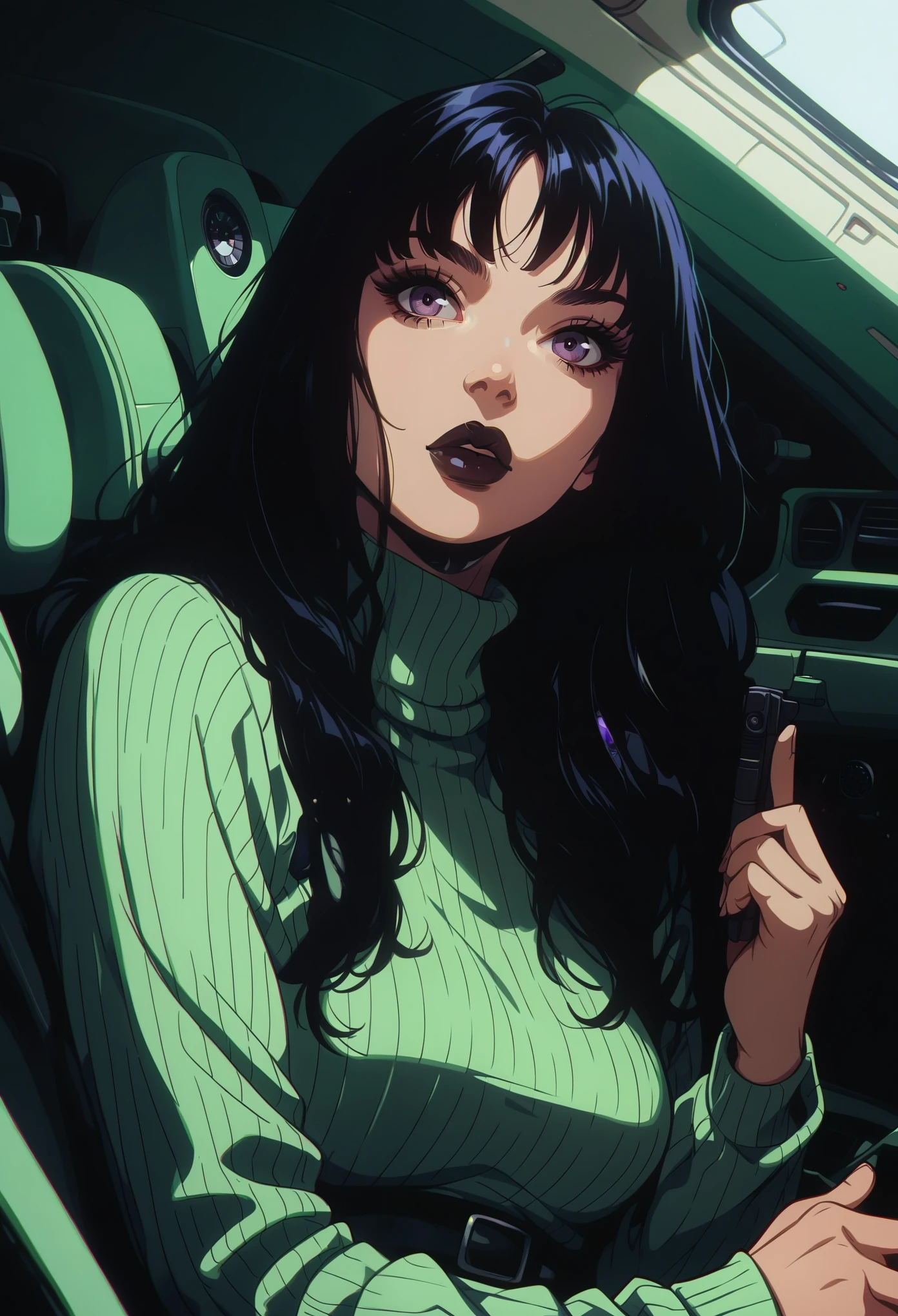 score_9, score_8_up, score_7_up, score_6_up, gundamwingcockpit, 1 girl, black hair with green tips, long hair, violet eyes, medium breasts, ribbed sweater, suspender skirt, dark lips, medium shot, finger gun, GLSHS, NEOST